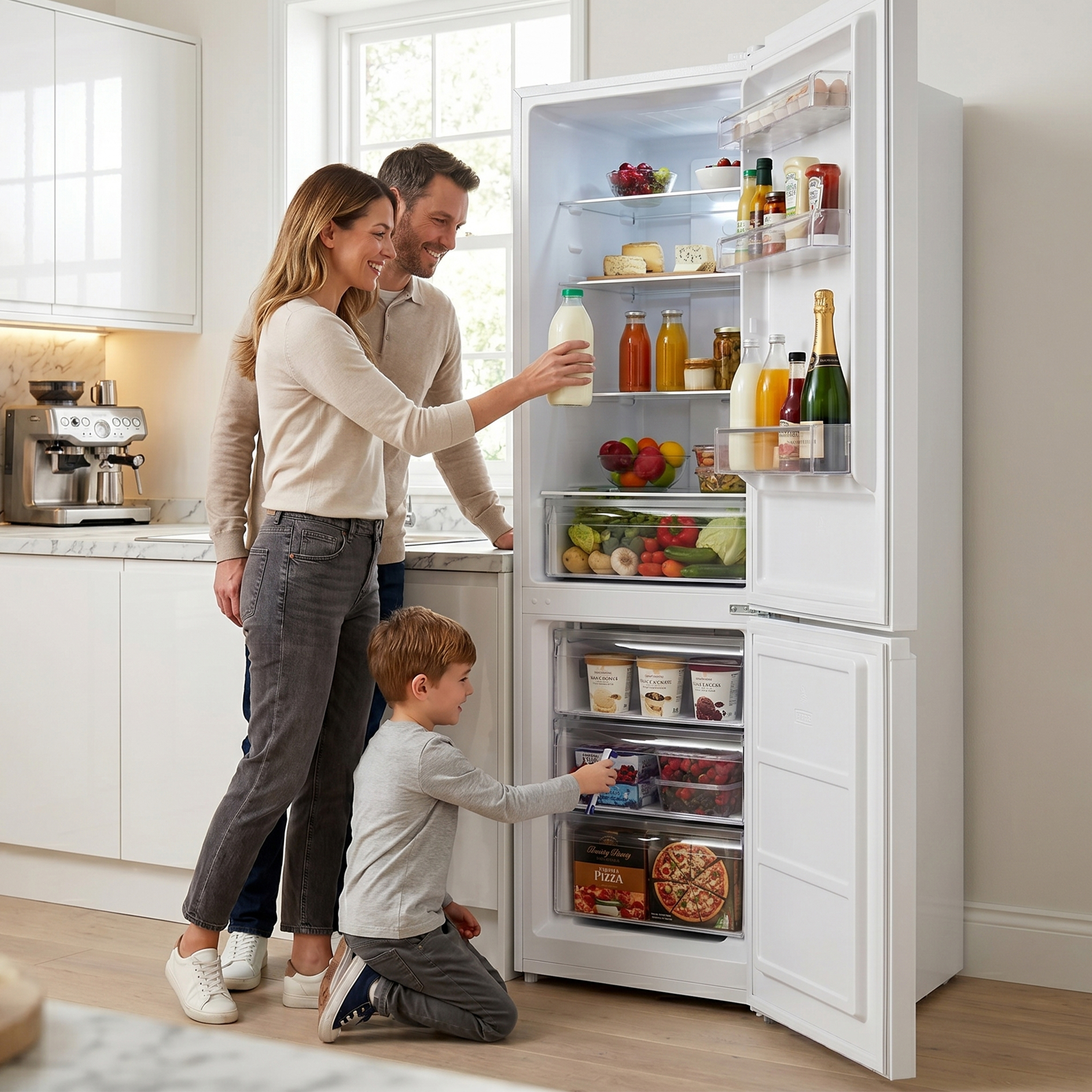 A family looks into an open refrigerator filled with food items.