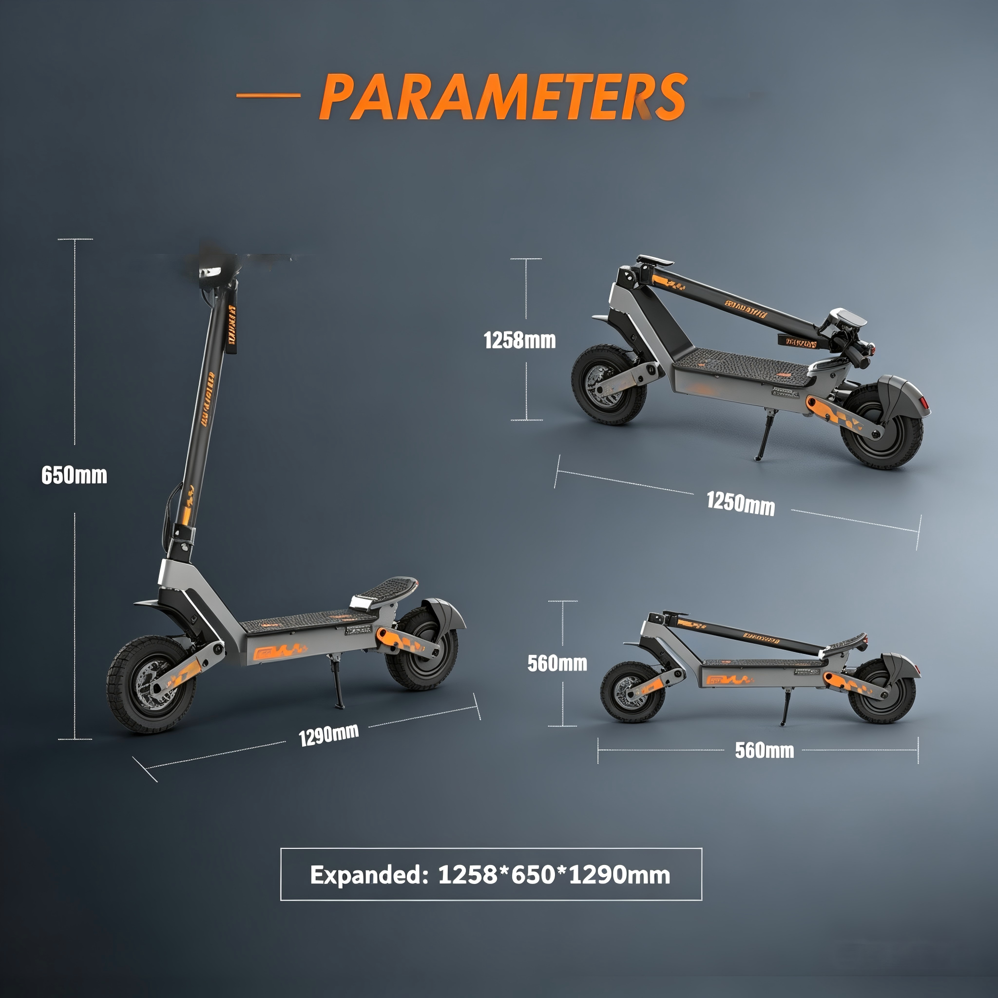 Uno scooter elettrico nero con accenti arancioni e dimensioni.