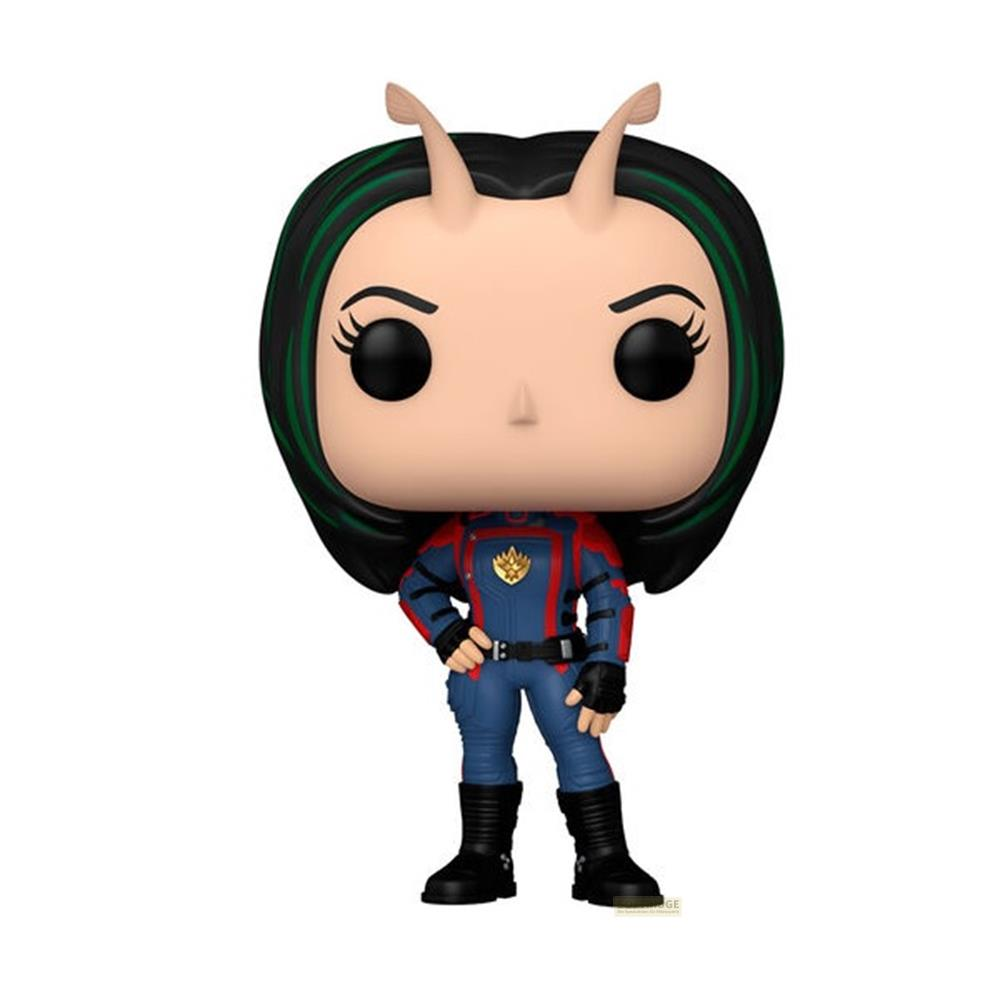 Figura Funko Pop de Mantis con traje azul y rojo, acentos verdes y antenas blancas.