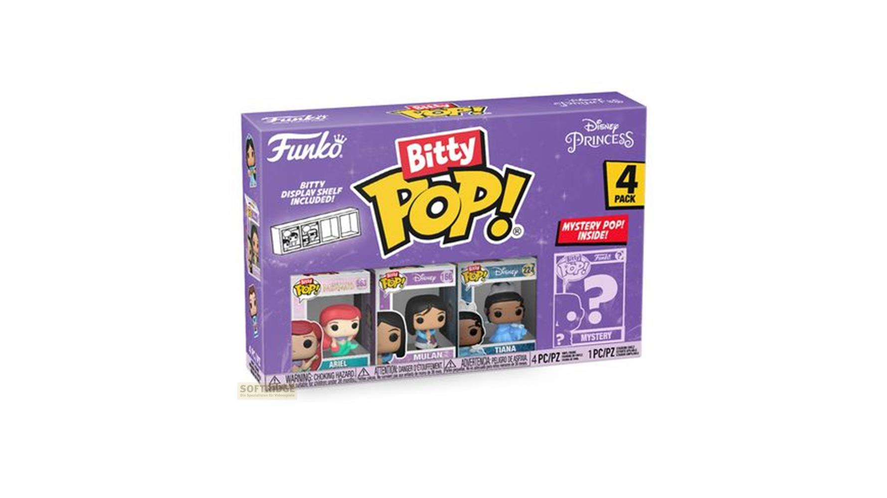 Fioletowy Funko Bitty Pop! Księżniczki Disneya, zestaw 4 sztuk z Ariel, Mulan, Tiana i Mystery Pop.