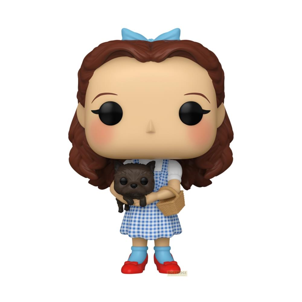 Dorothy con Toto y una cesta, lleva vestido de vichy azul y zapatos rojos.