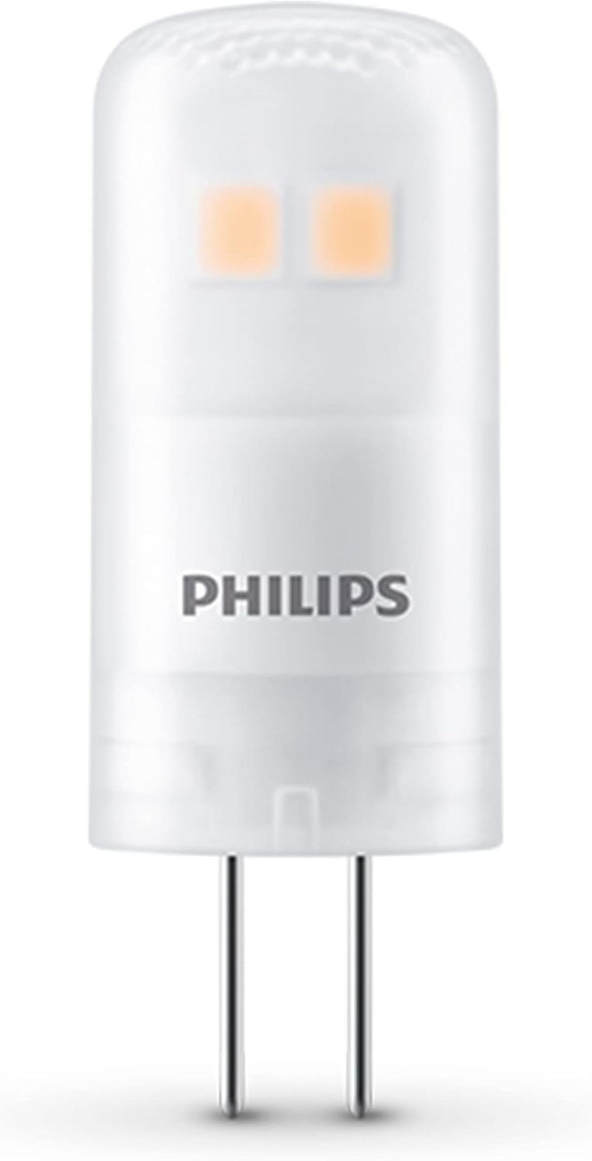 Lampadina LED Philips bianca con due pin e due quadrati arancioni.