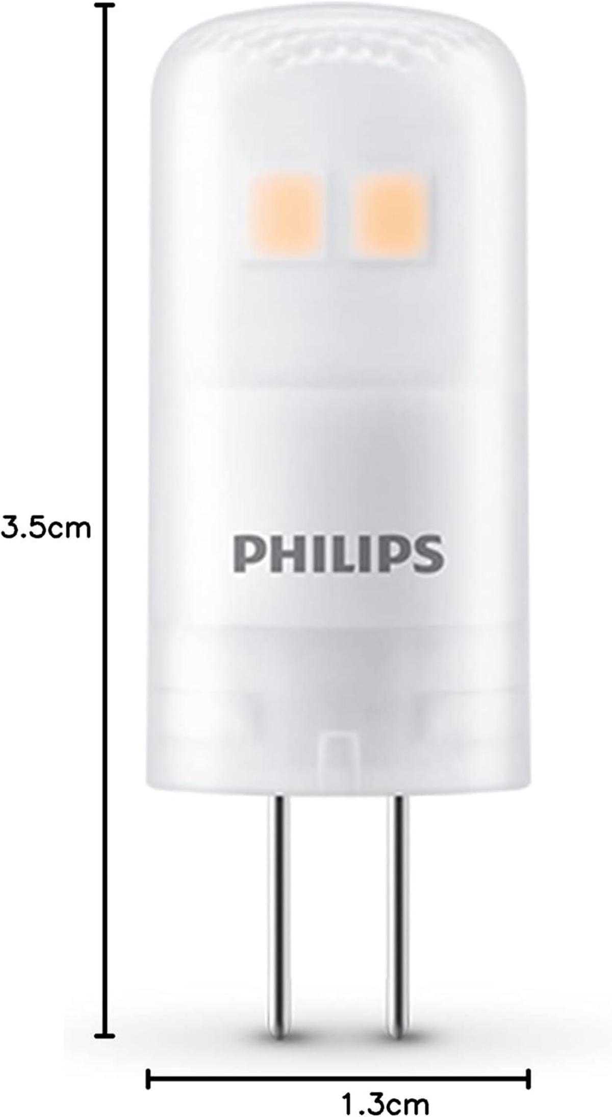 Lampadina LED Philips bianca con due luci arancioni e due pin.