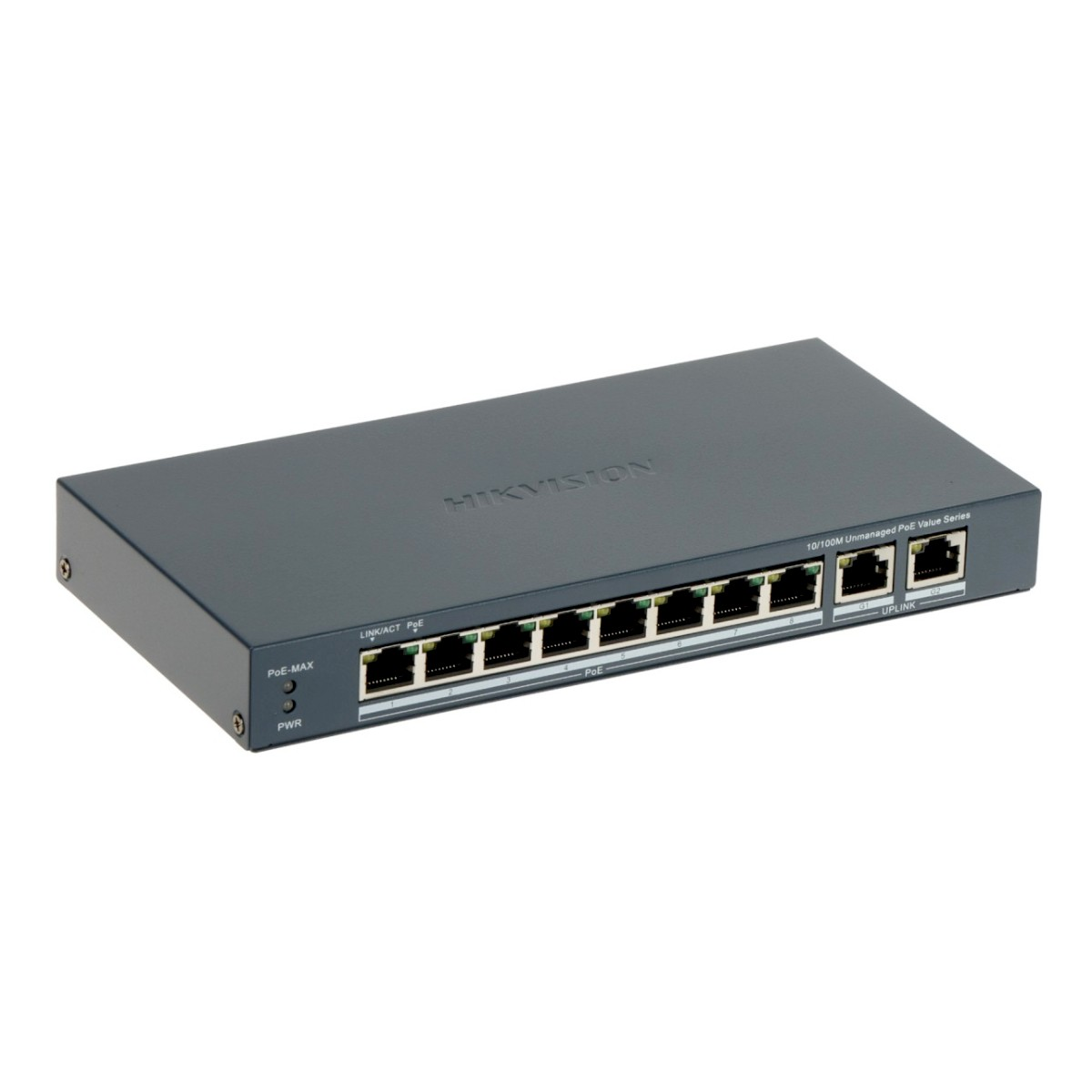 Uno switch PoE grigio Hikvision 10/100M non gestito con 8 porte e 2 uplink.