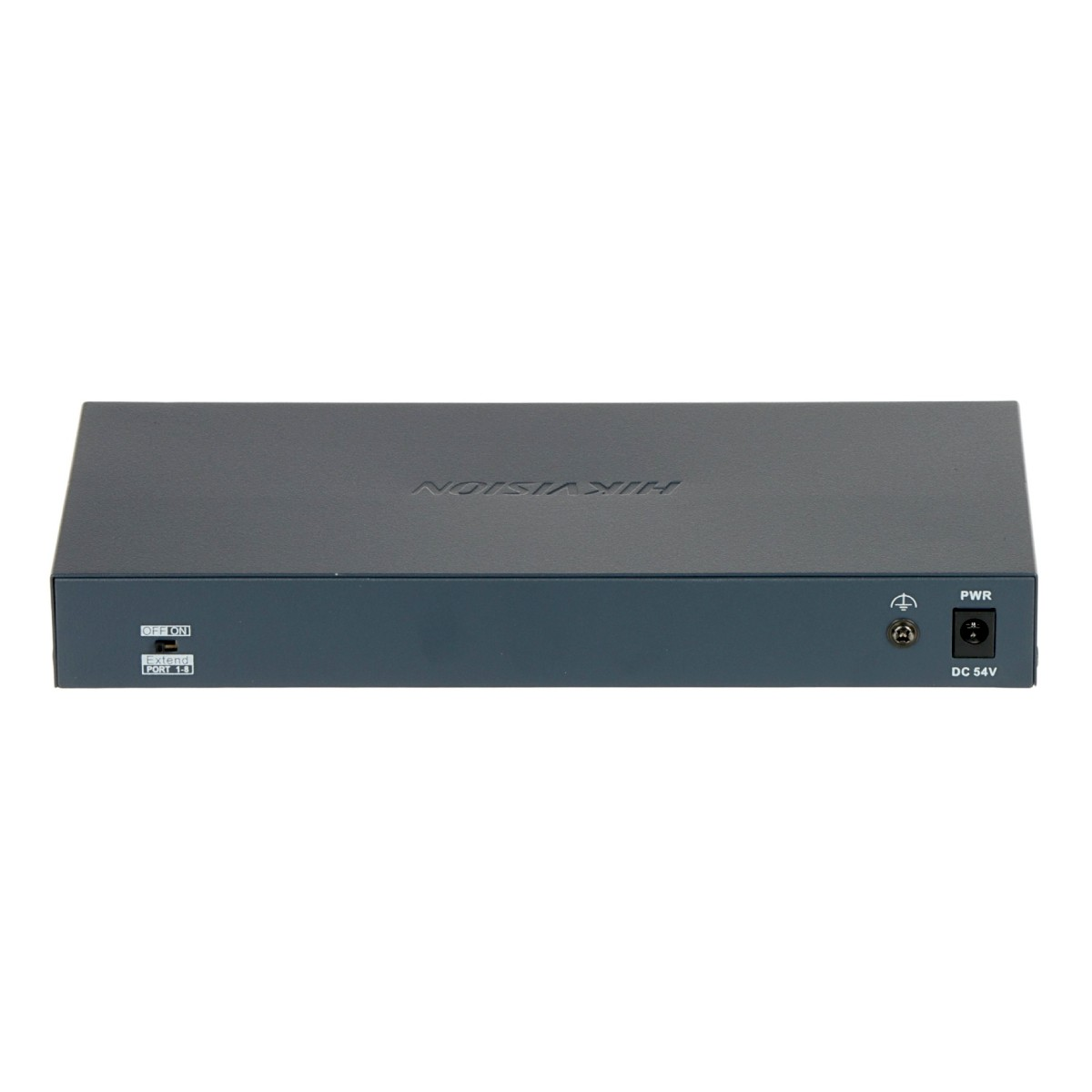 Uno switch di rete Hikvision grigio con interruttore on/off e ingresso alimentazione 54V CC.