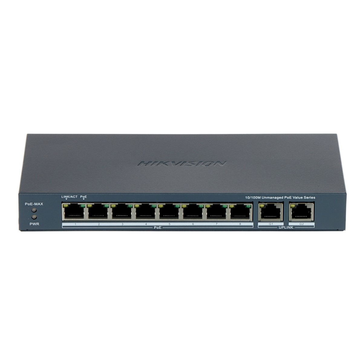 Switch di rete grigio con otto porte PoE e due porte uplink.