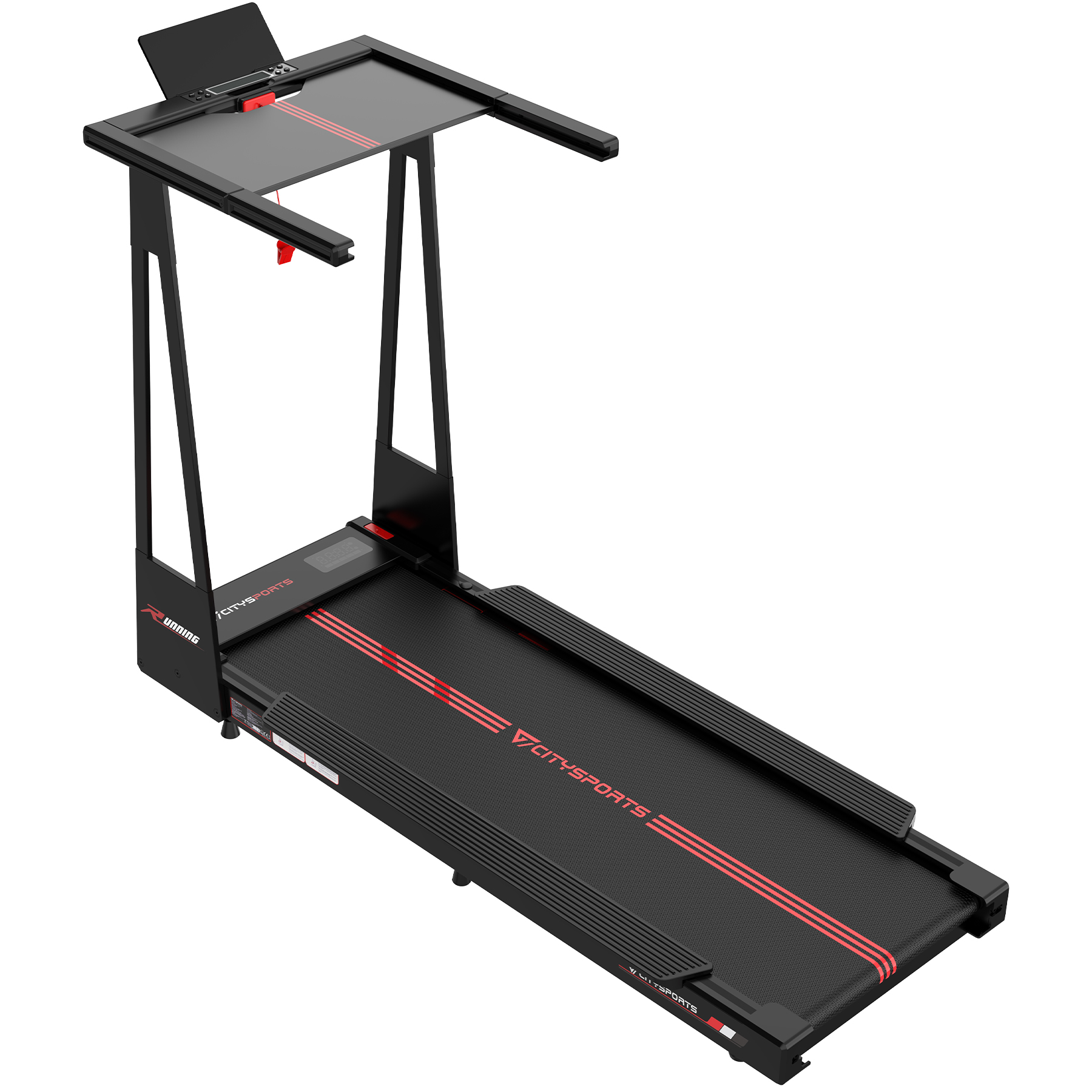 Black treadmill with red stripes and digital display. Red safety emergency stop button.