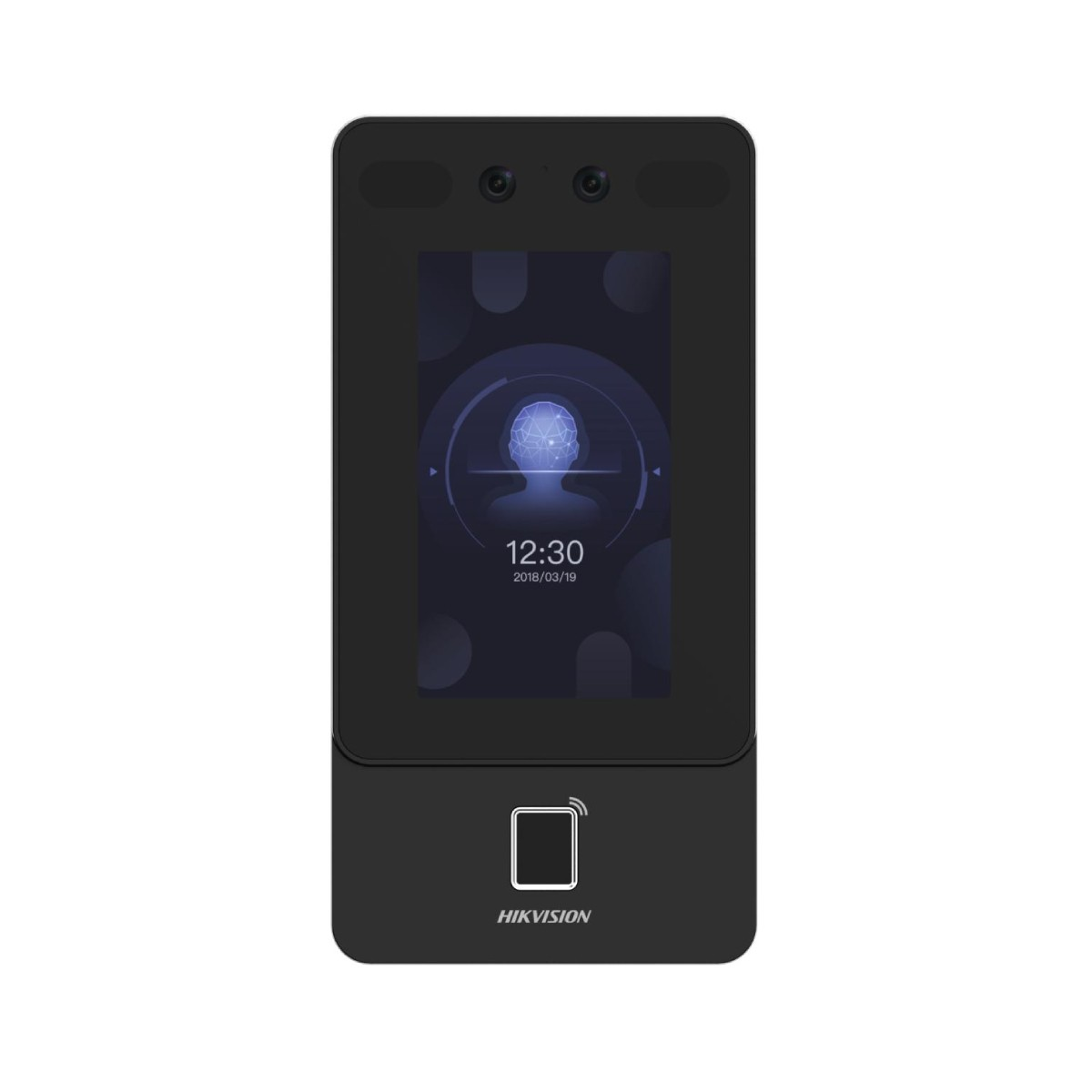 Un dispositivo negro de control de acceso con reconocimiento facial y pantalla táctil.
