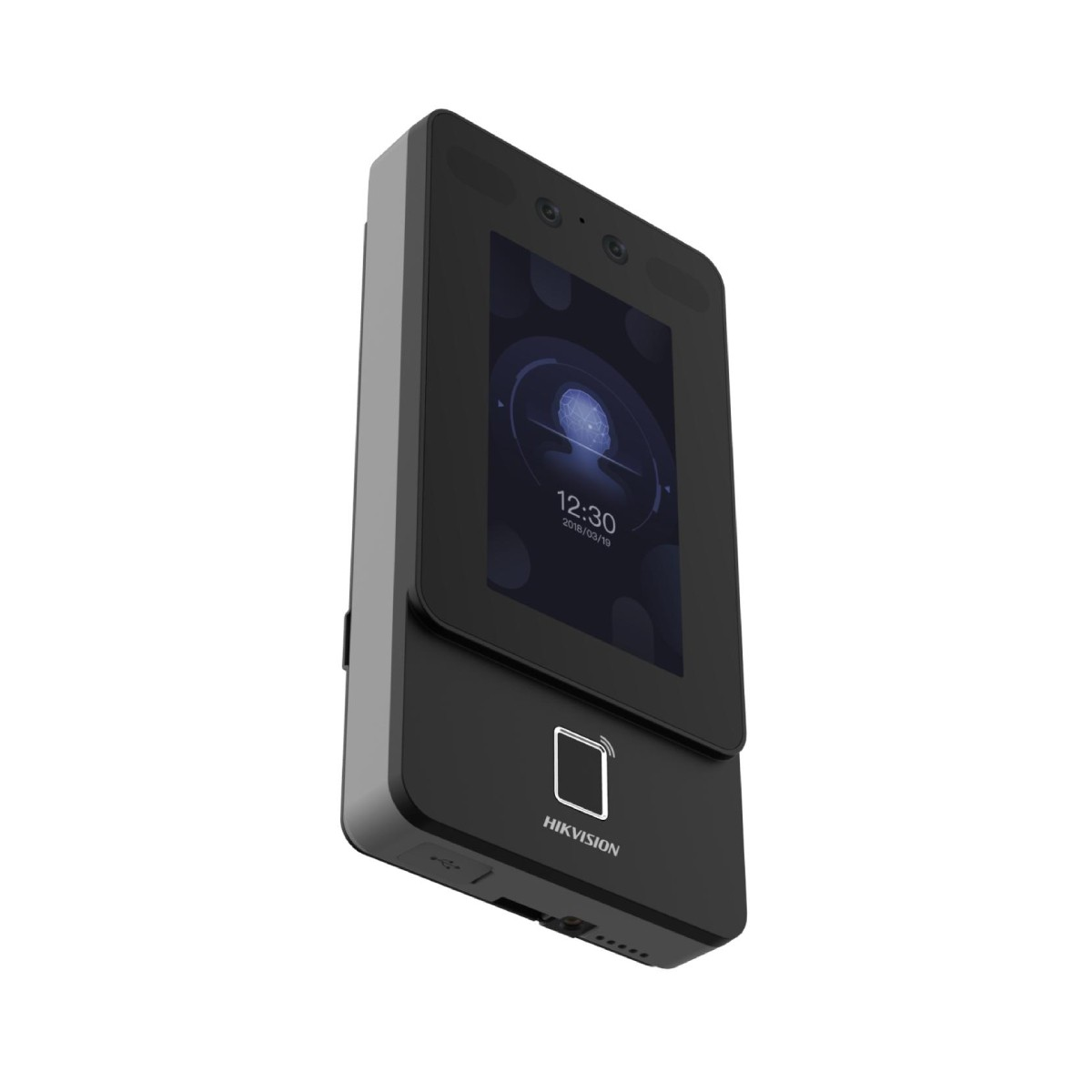 Dispositivo de control de acceso negro y gris con pantalla táctil y sensor.