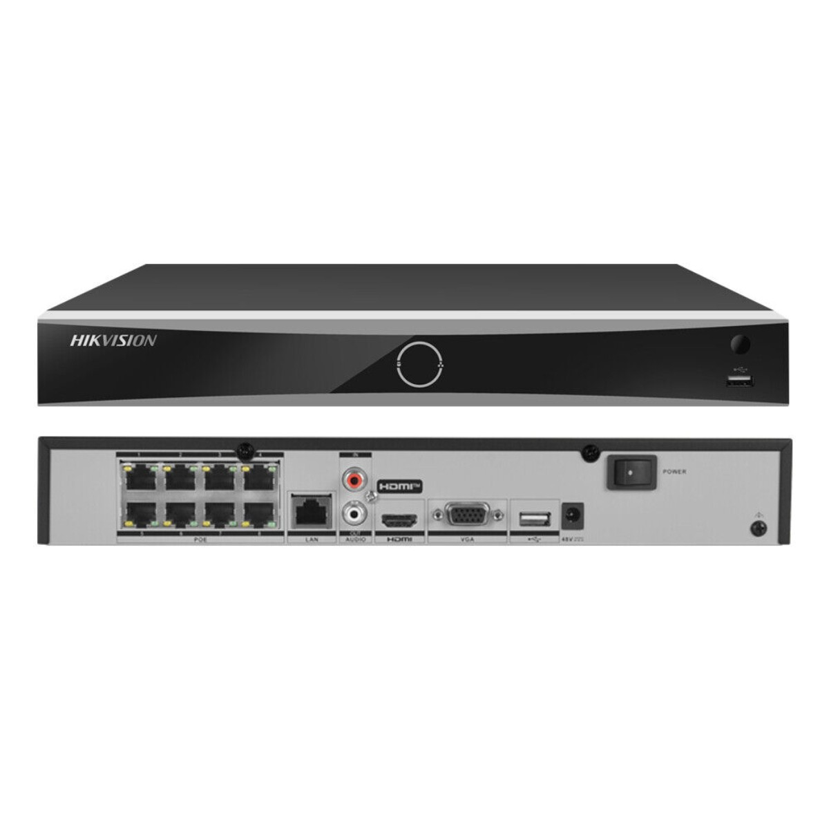 DVR Hikvision con logo frontal y puertos traseros: POE, LAN, audio, HDMI, VGA, alimentación.