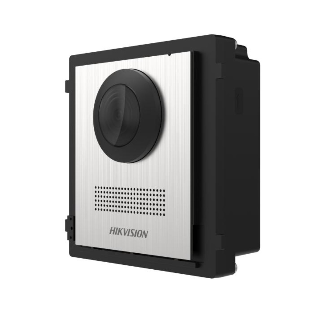 Una cámara de seguridad Hikvision con frontal plateado y carcasa negra.