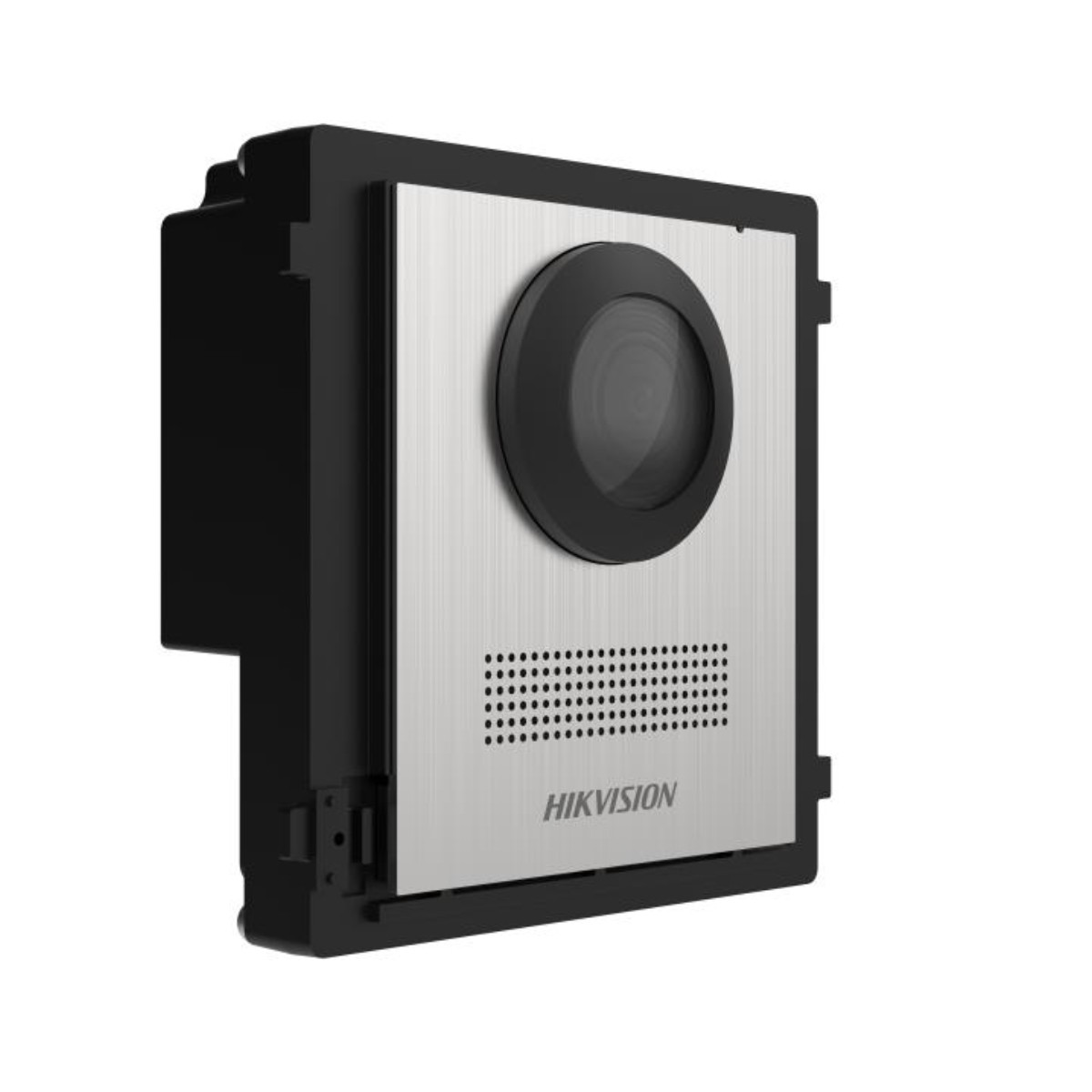 Un visor de puerta Hikvision plateado con cámara y rejilla de altavoz.