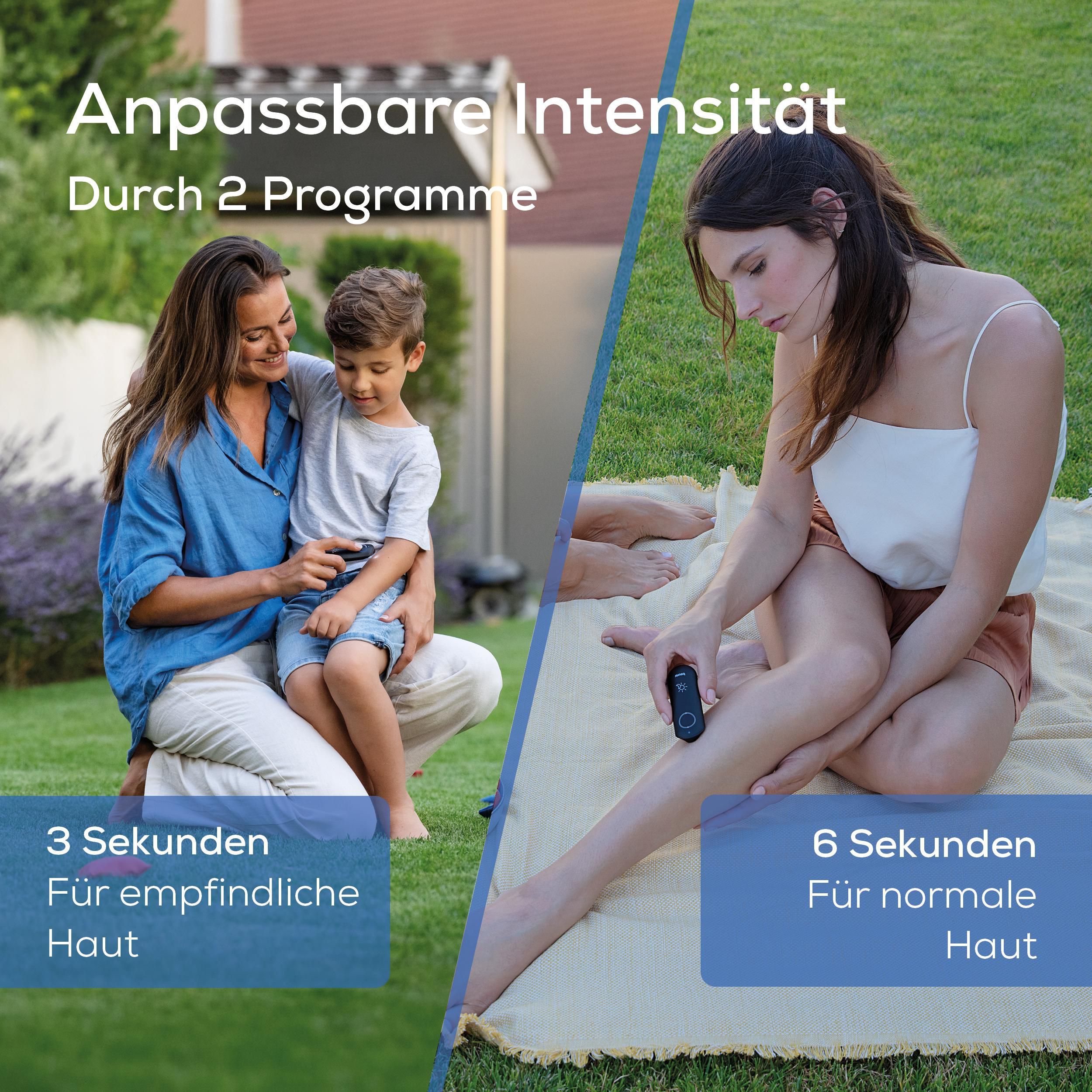 Eine Frau und ein Kind sitzen auf Gras, während eine andere Frau ein Gerät an ihrem Bein benutzt, mit Text über Intensitätsprogramme.
