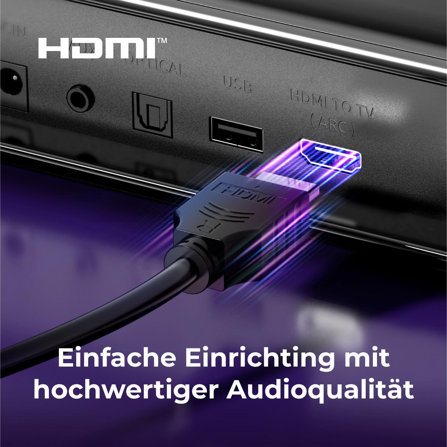 Ein HDMI-Kabel wird in einen Fernseher mit HDMI ARC-Anschluss gesteckt.