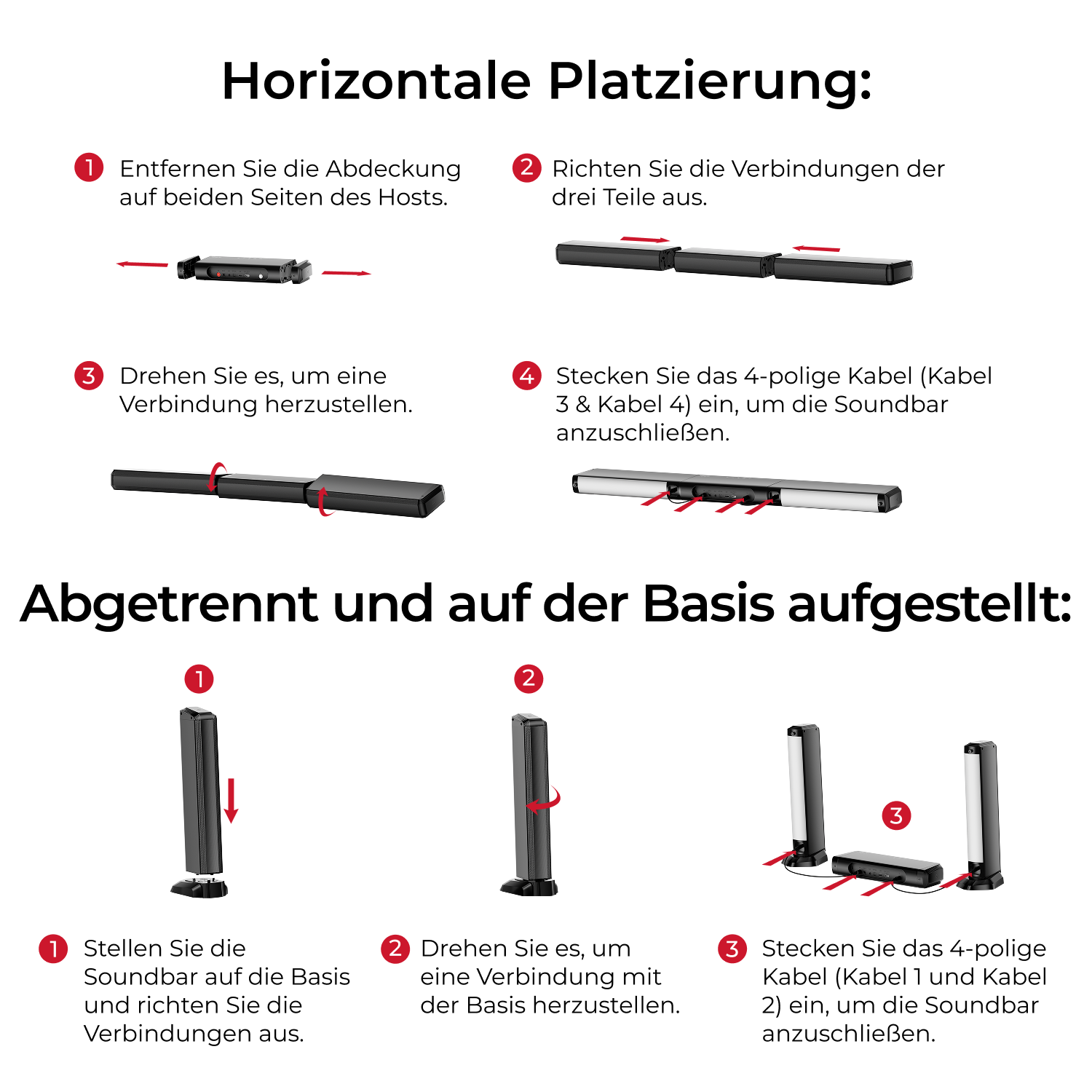 Illustrationen zeigen die horizontale Montage und die abgetrennte Montage einer Soundbar.