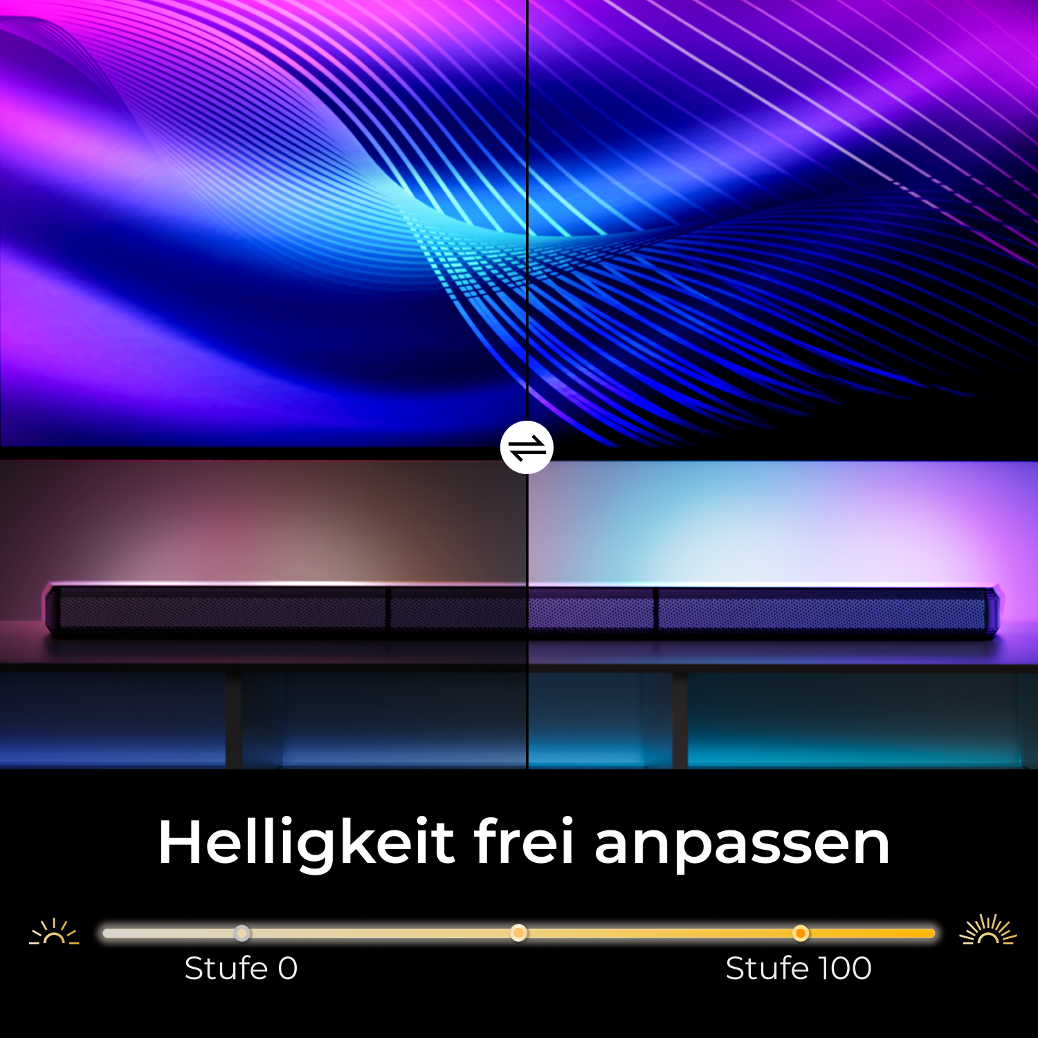 Lichtleiste mit verschiedenen Farb- und Helligkeitseinstellungen auf einem Regal.