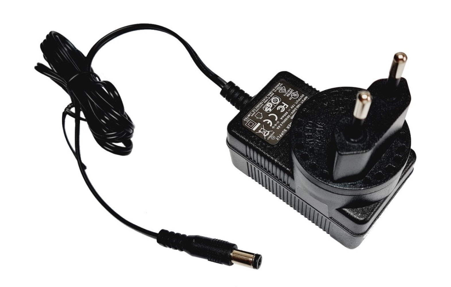 Czarny zasilacz z dwoma bolcami, kablem i złączem DC.