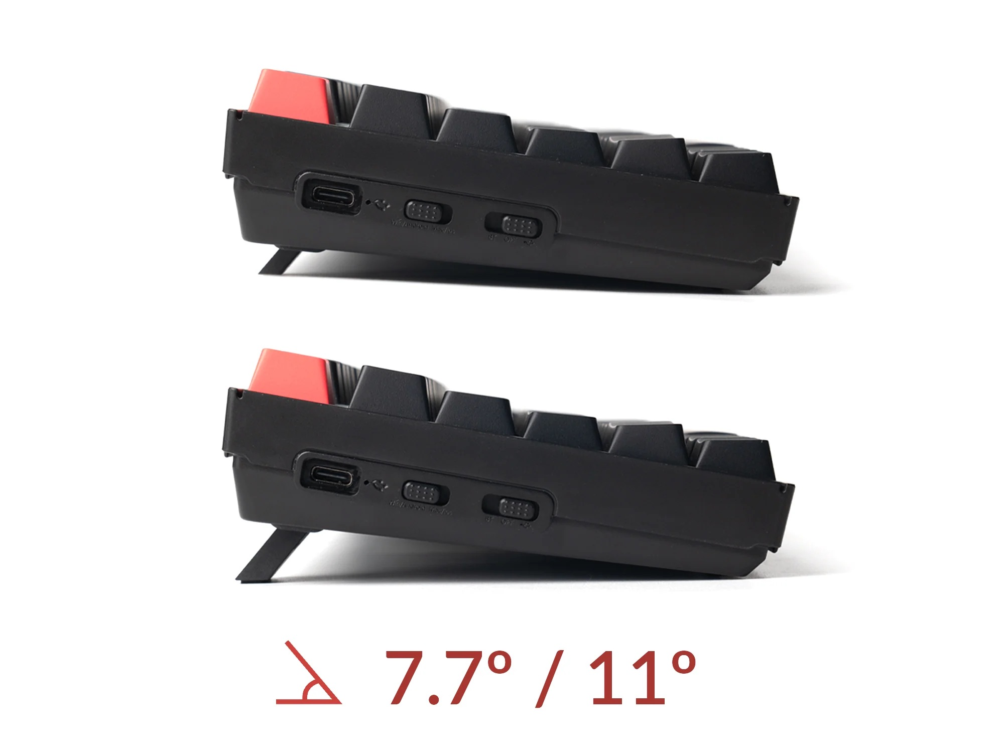 Czarna klawiatura z czerwonymi akcentami, USB-C, podpórki, 7,7°/11°.