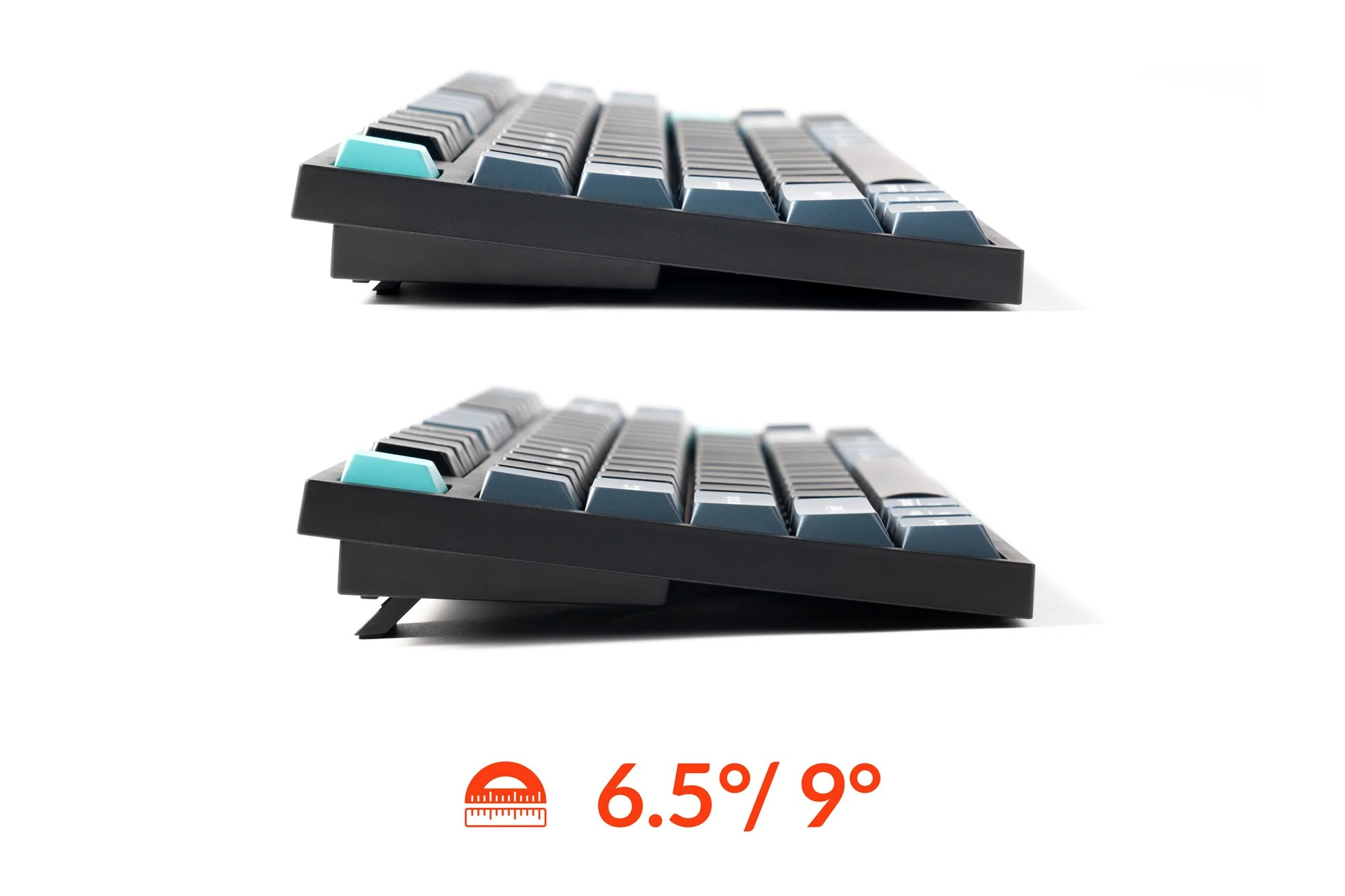 Dwa klawiatury mechaniczne z turkusowymi klawiszami akcentującymi i oznaczeniami na białym tle.