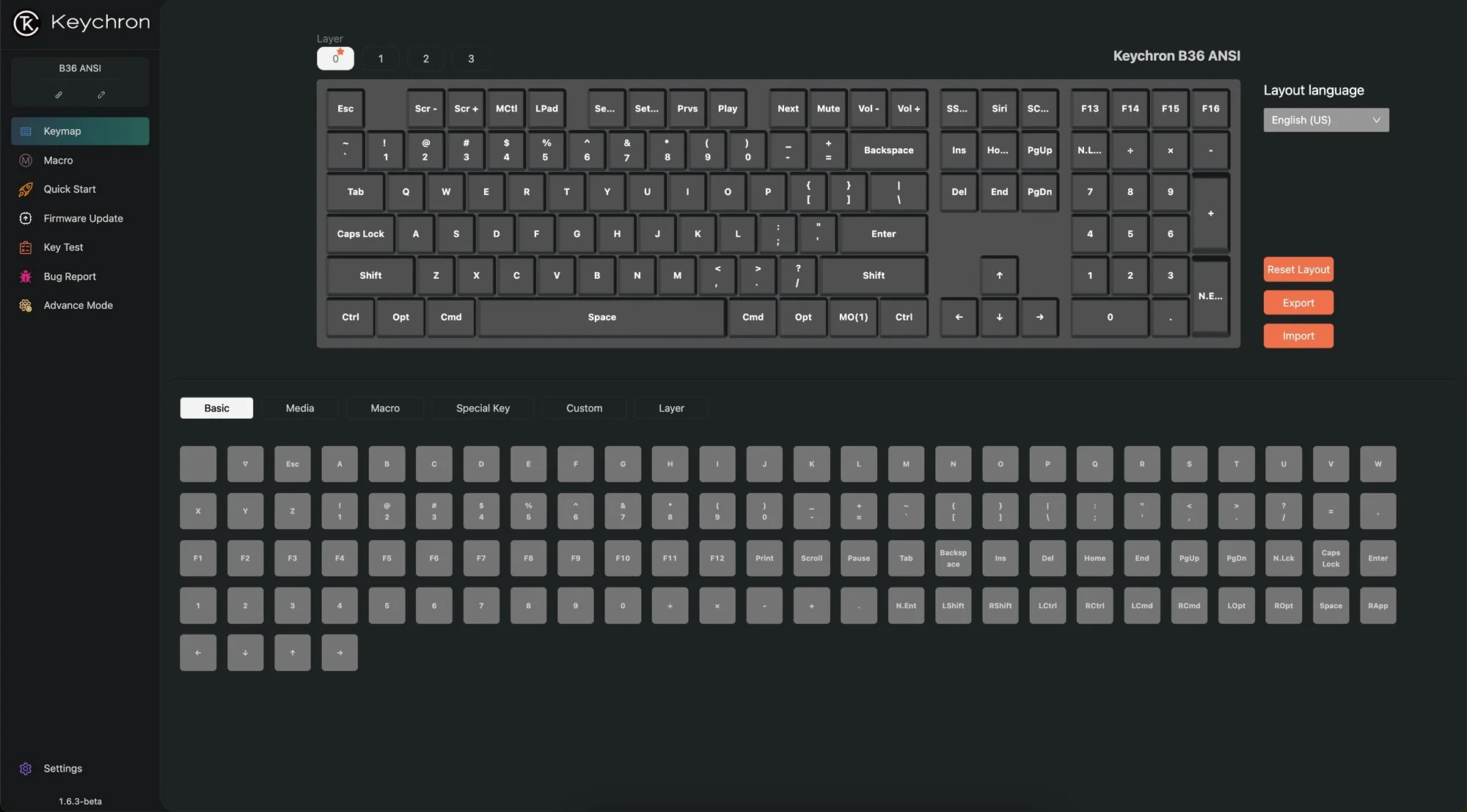 Oprogramowanie Keychron B36 ANSI pokazujące opcje układu klawiatury i ustawienia keymap.
