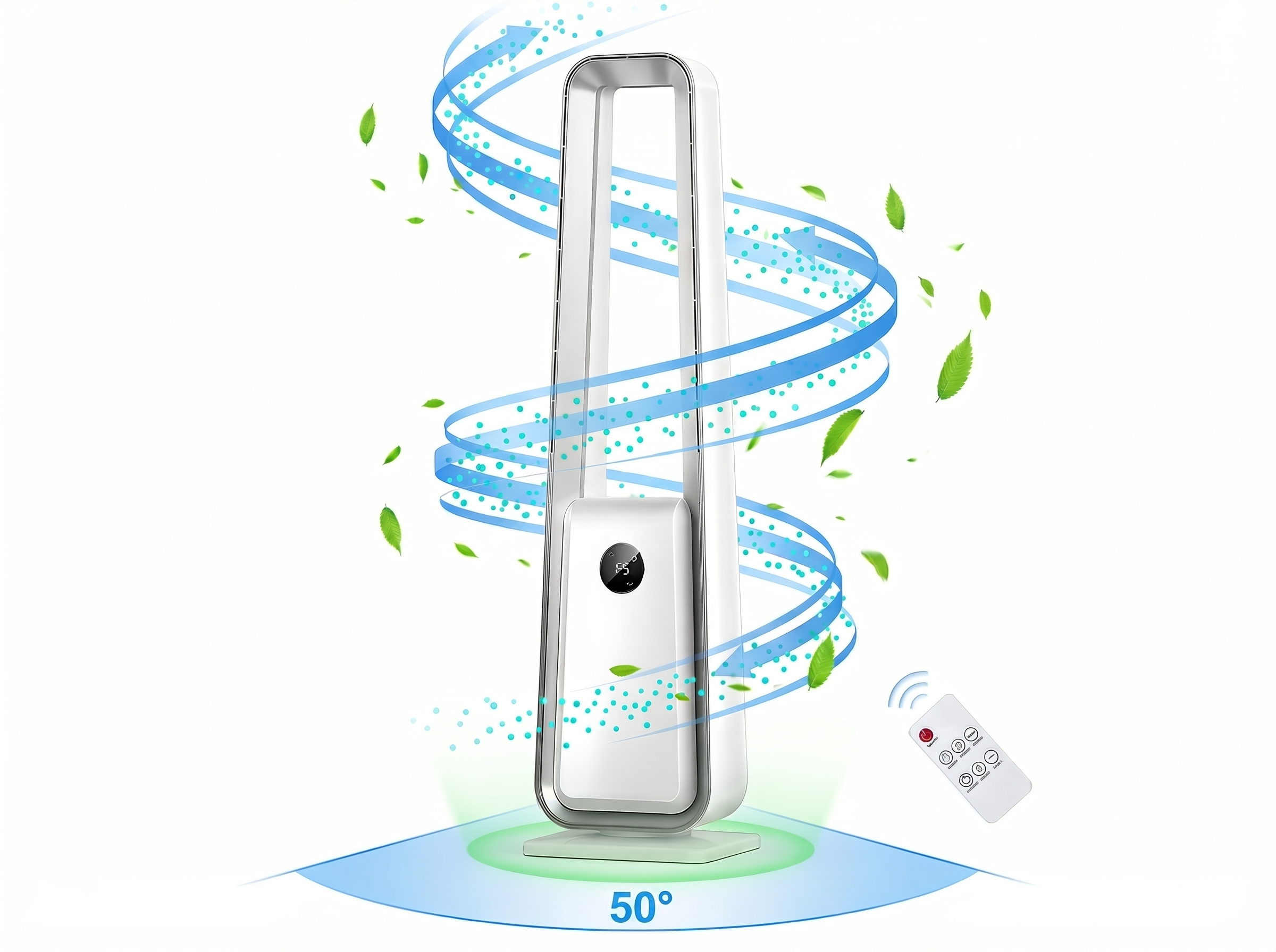 Ein weißer Turmventilator mit Fernbedienung, Luftstrom und Blättern.