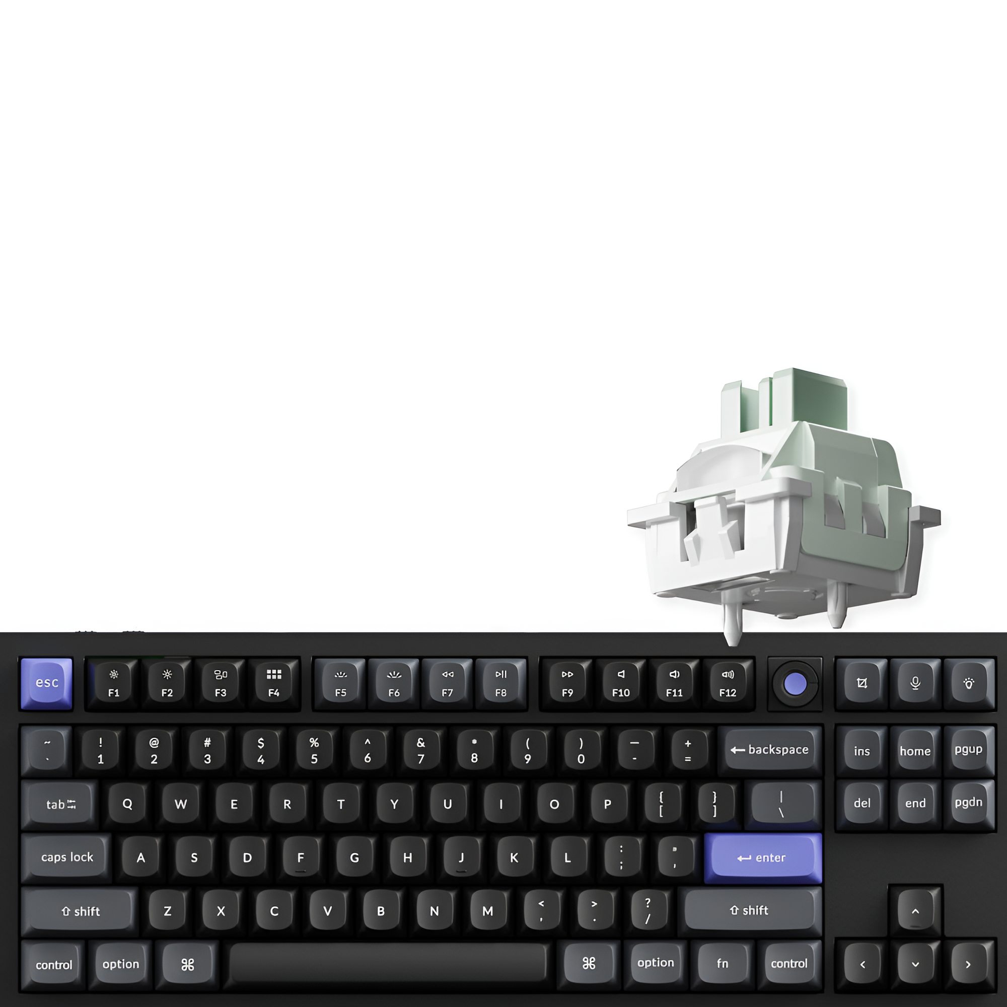 Jasnozielony i biały przełącznik klawiatury mechanicznej nad klawiaturą.