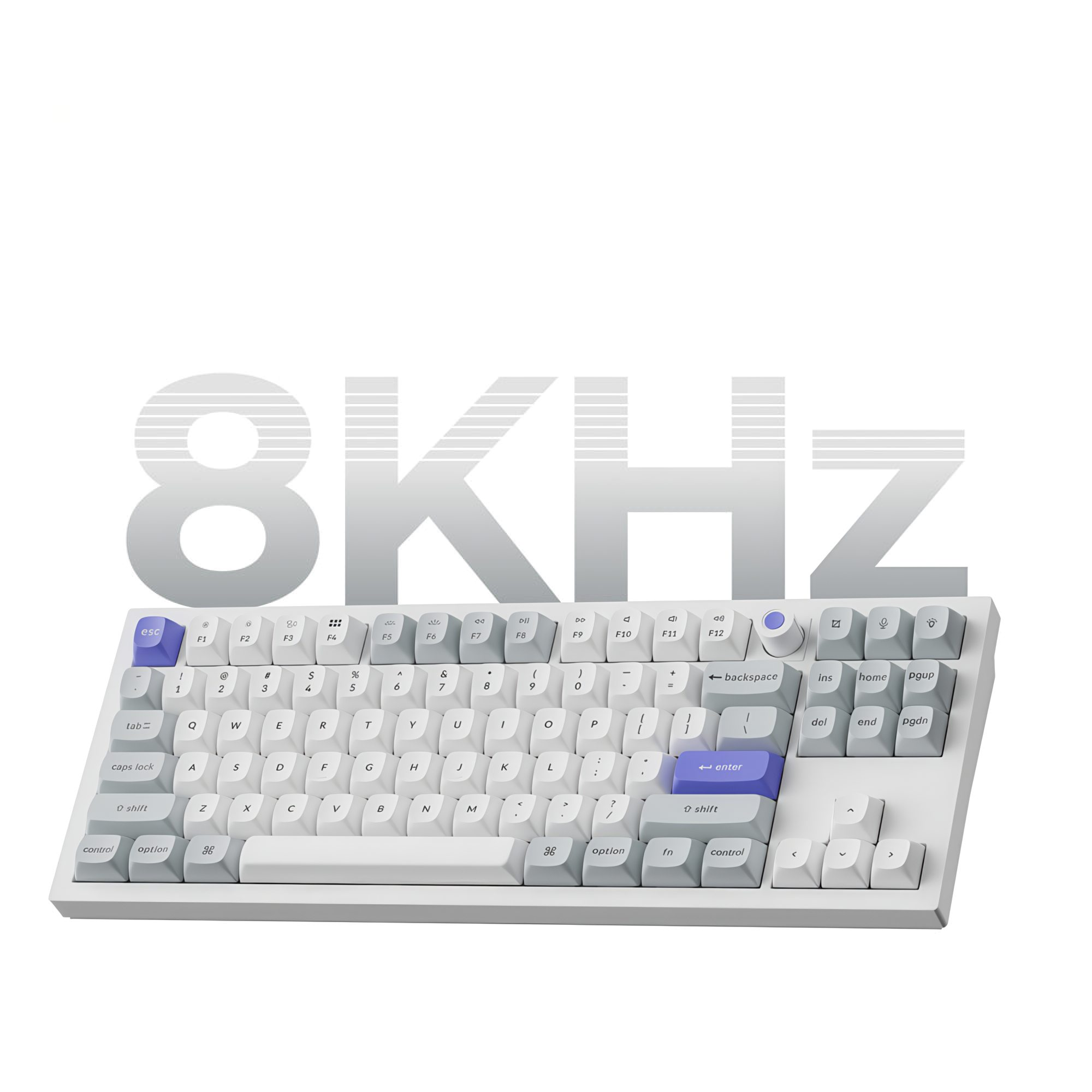Biała klawiatura z szarymi i niebieskimi klawiszami, tło z logo 8KHz.