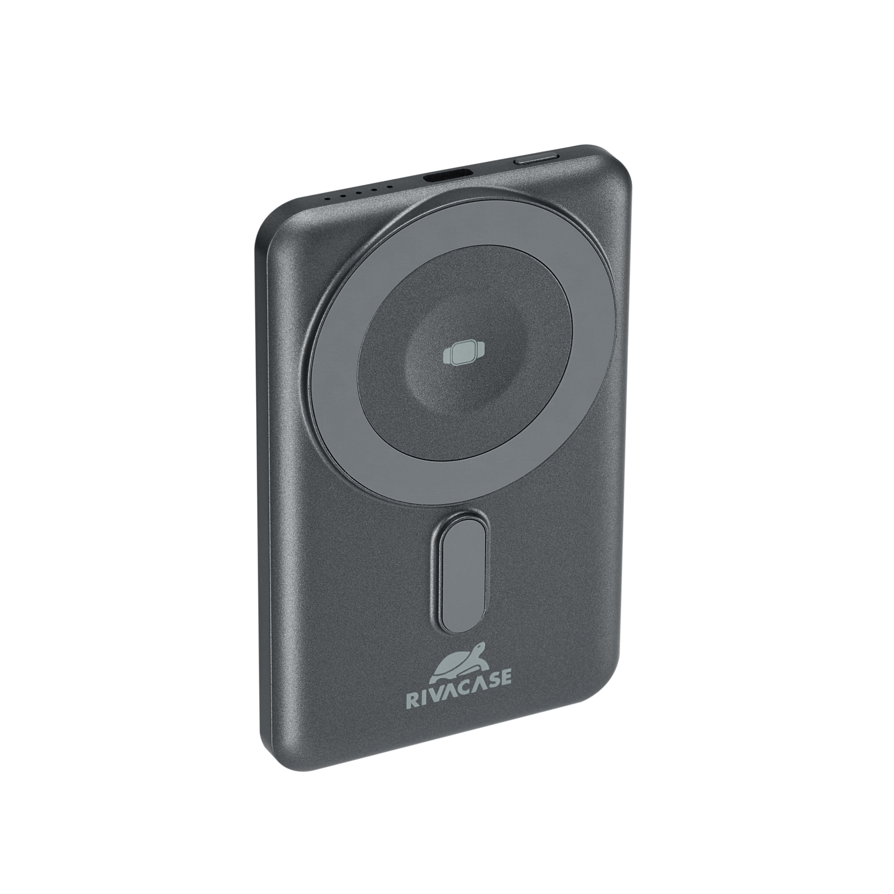 Donkergrijs powerbank-oplader met magnetisch oplaadoppervlak en RIVACASE-logo.