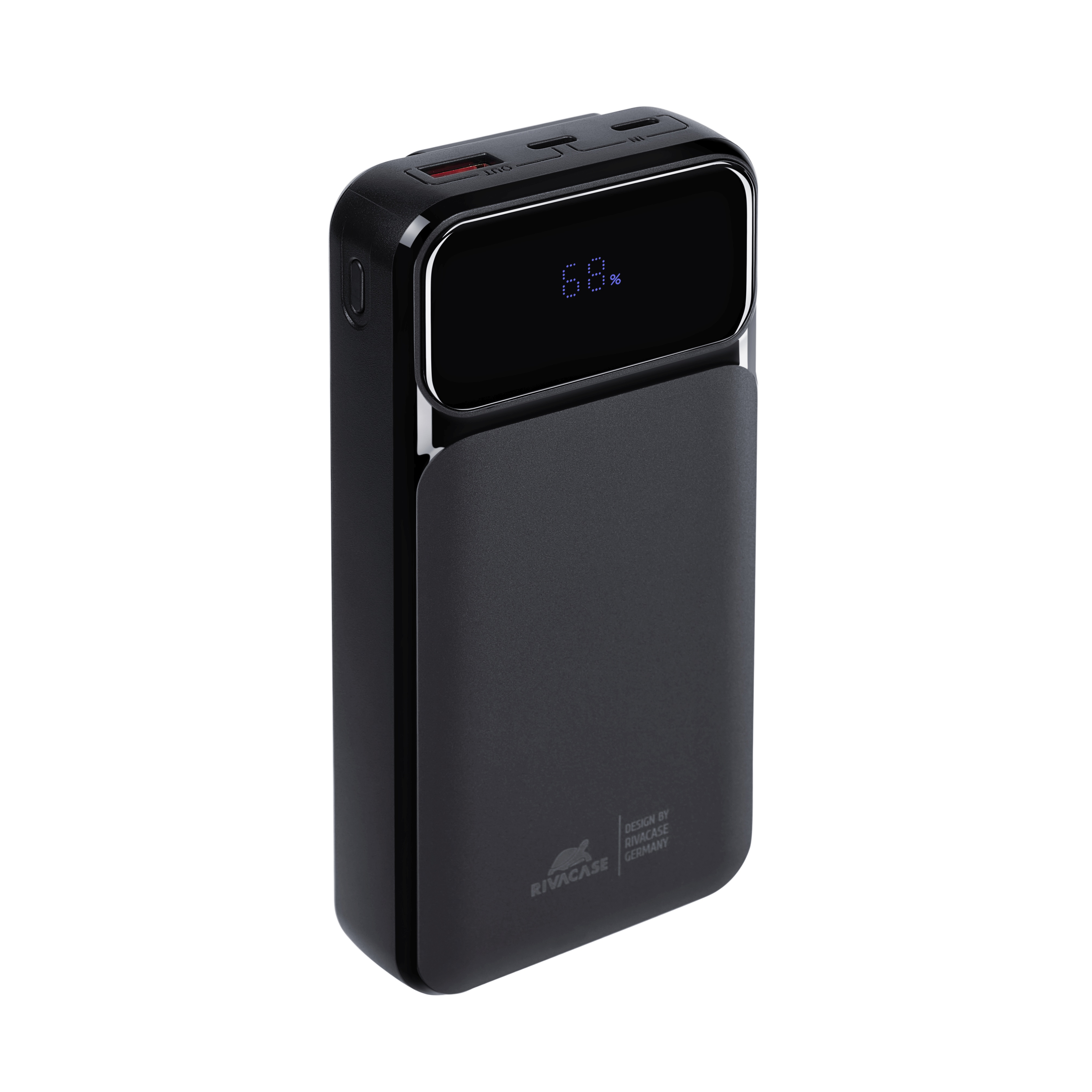 Czarny power bank z cyfrowym wyświetlaczem pokazującym 68%. Porty na górze.