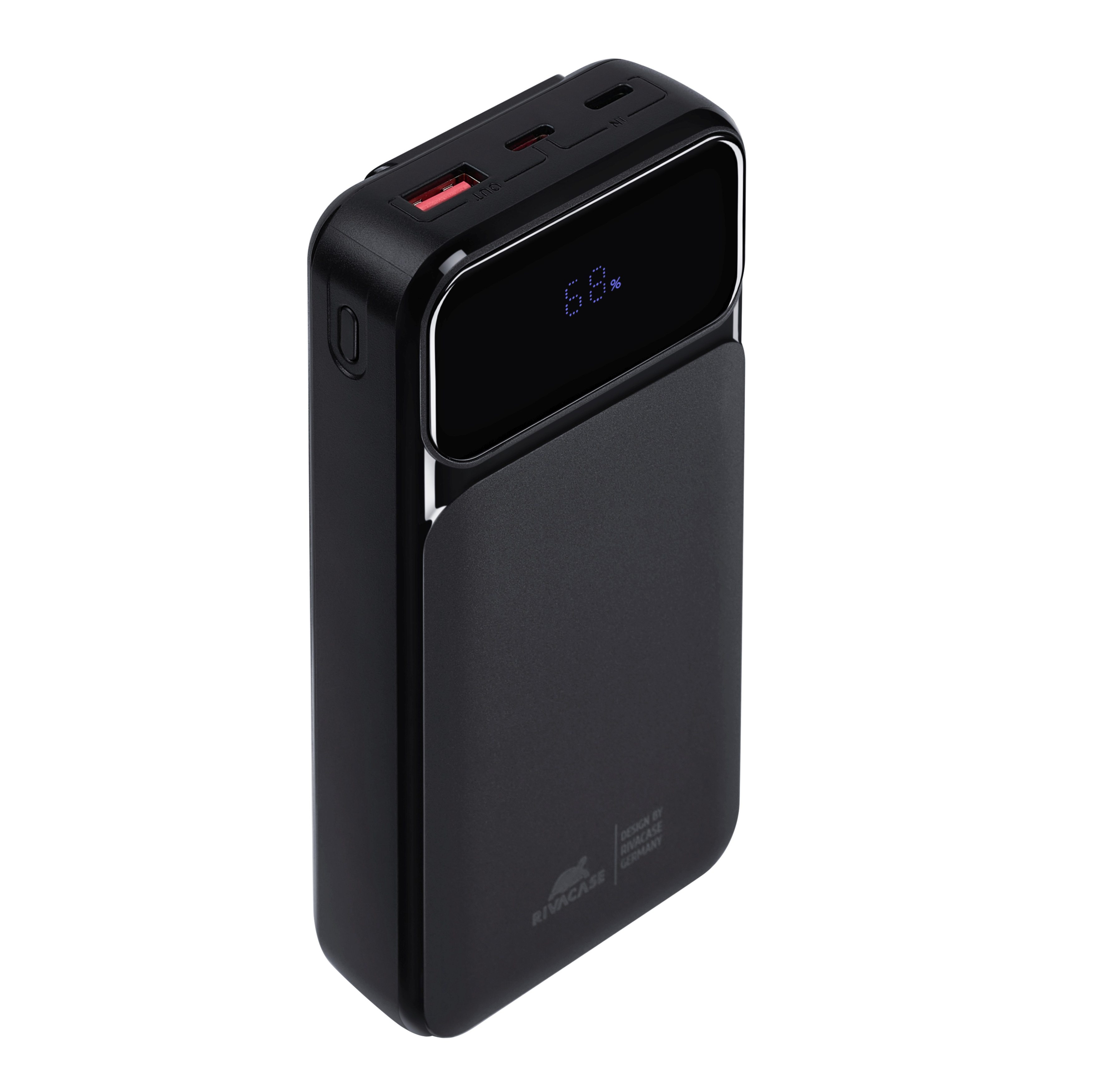 Czarny power bank z portami USB-A i USB-C oraz cyfrowym wyświetlaczem.