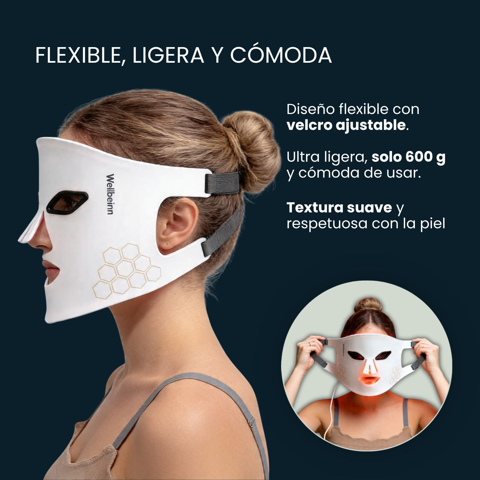 Mujer con mascarilla LED blanca y patrón de panal. Primer plano.