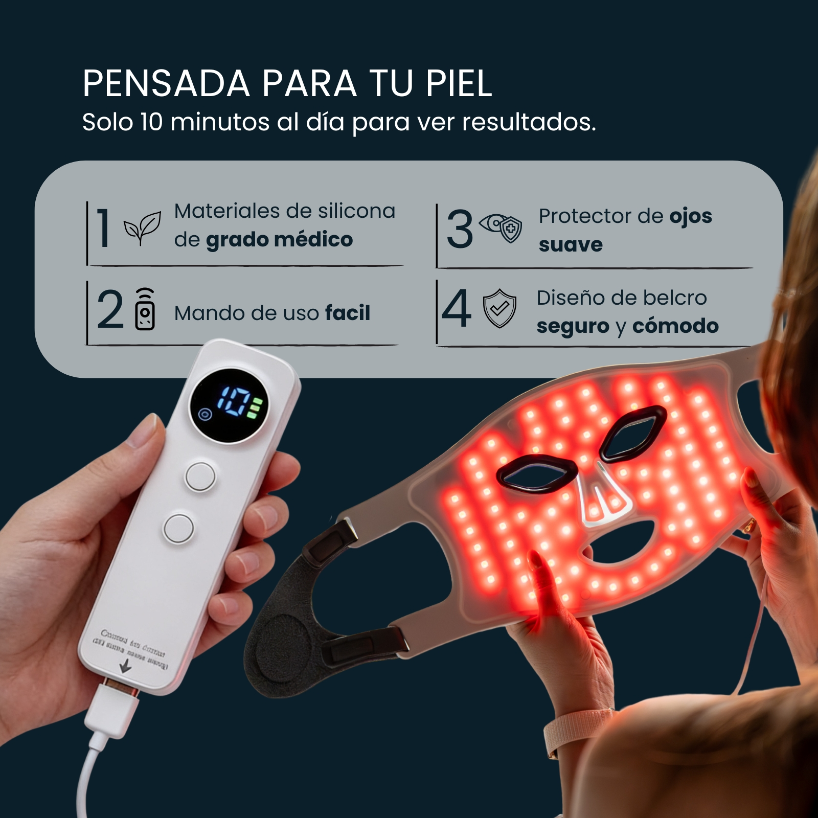 Una mano sostiene un control blanco, otra una mascarilla facial con LEDs rojos.