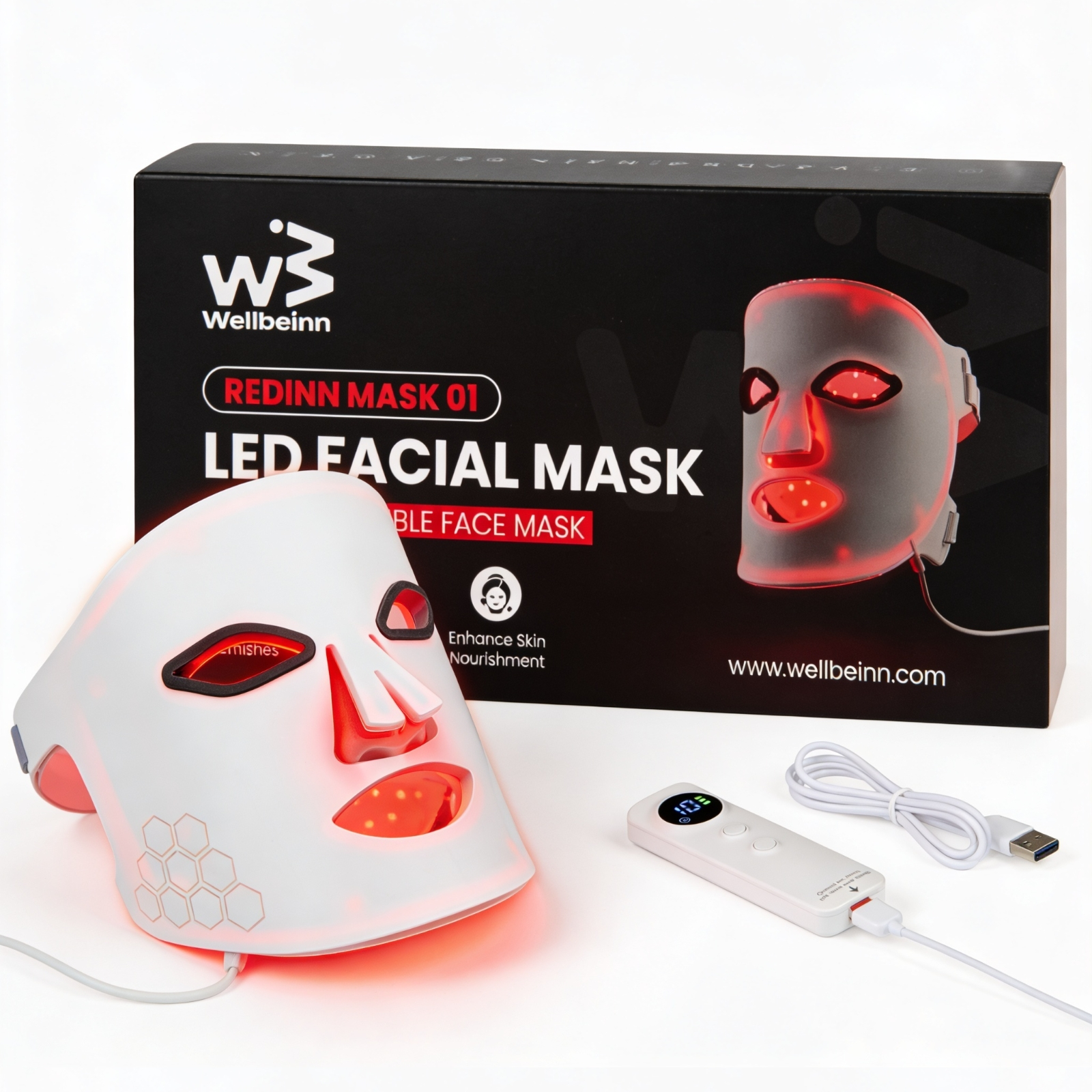 Un juego de mascarilla facial LED blanca con caja, control remoto y cable.