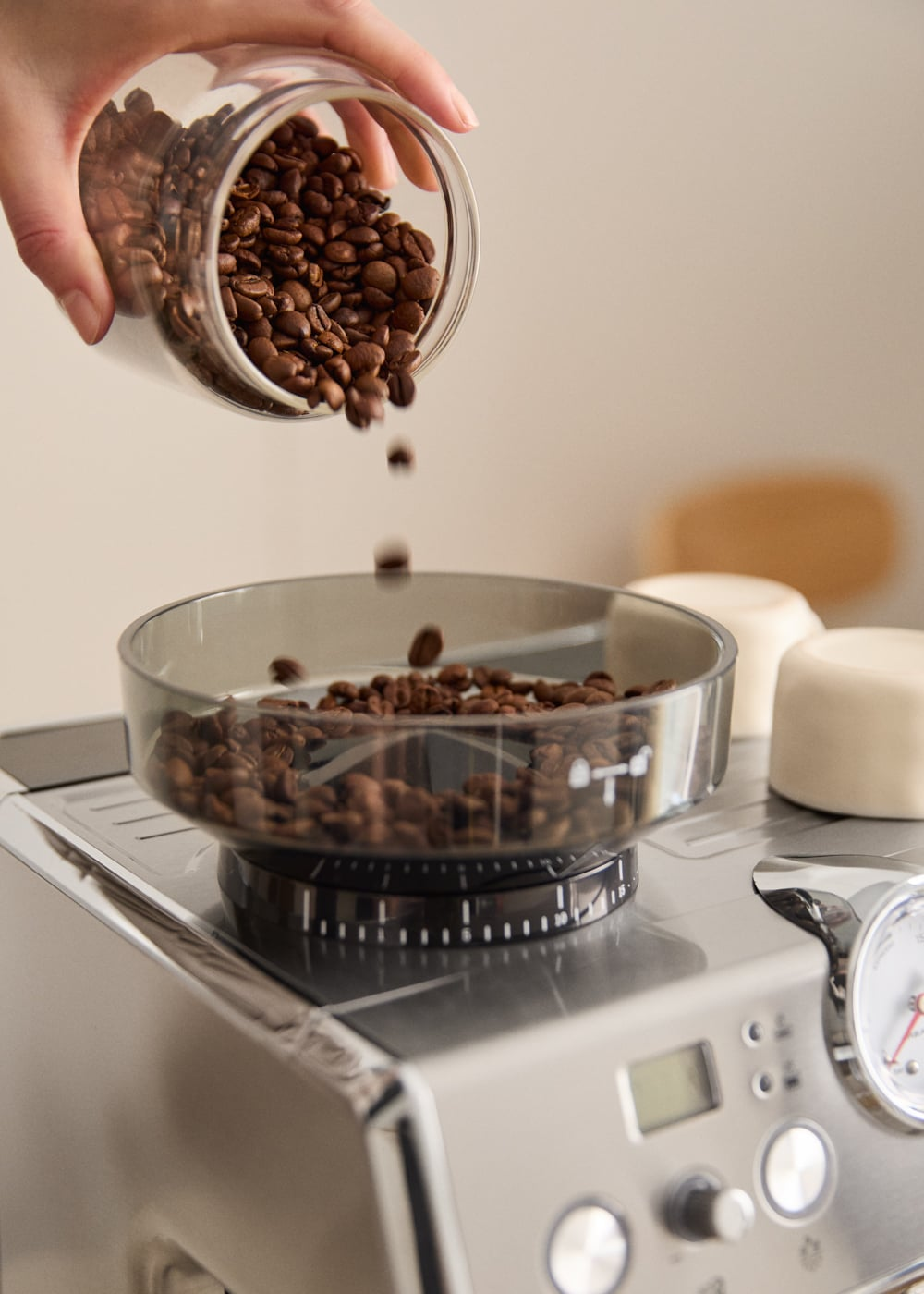 Los granos de café caen de un frasco a una tolva de molinillo en una máquina de espresso.