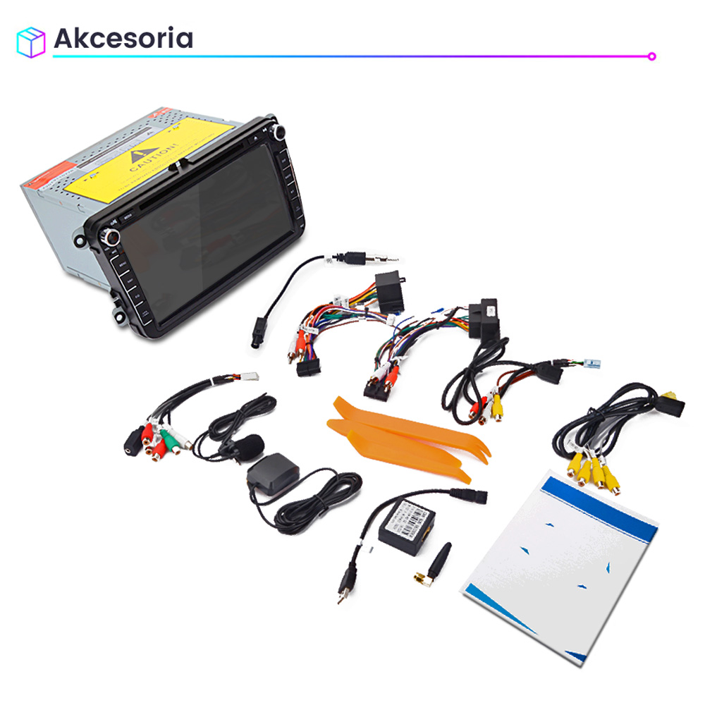 Radio samochodowe z wiązką przewodów, mikrofonem i narzędziami.