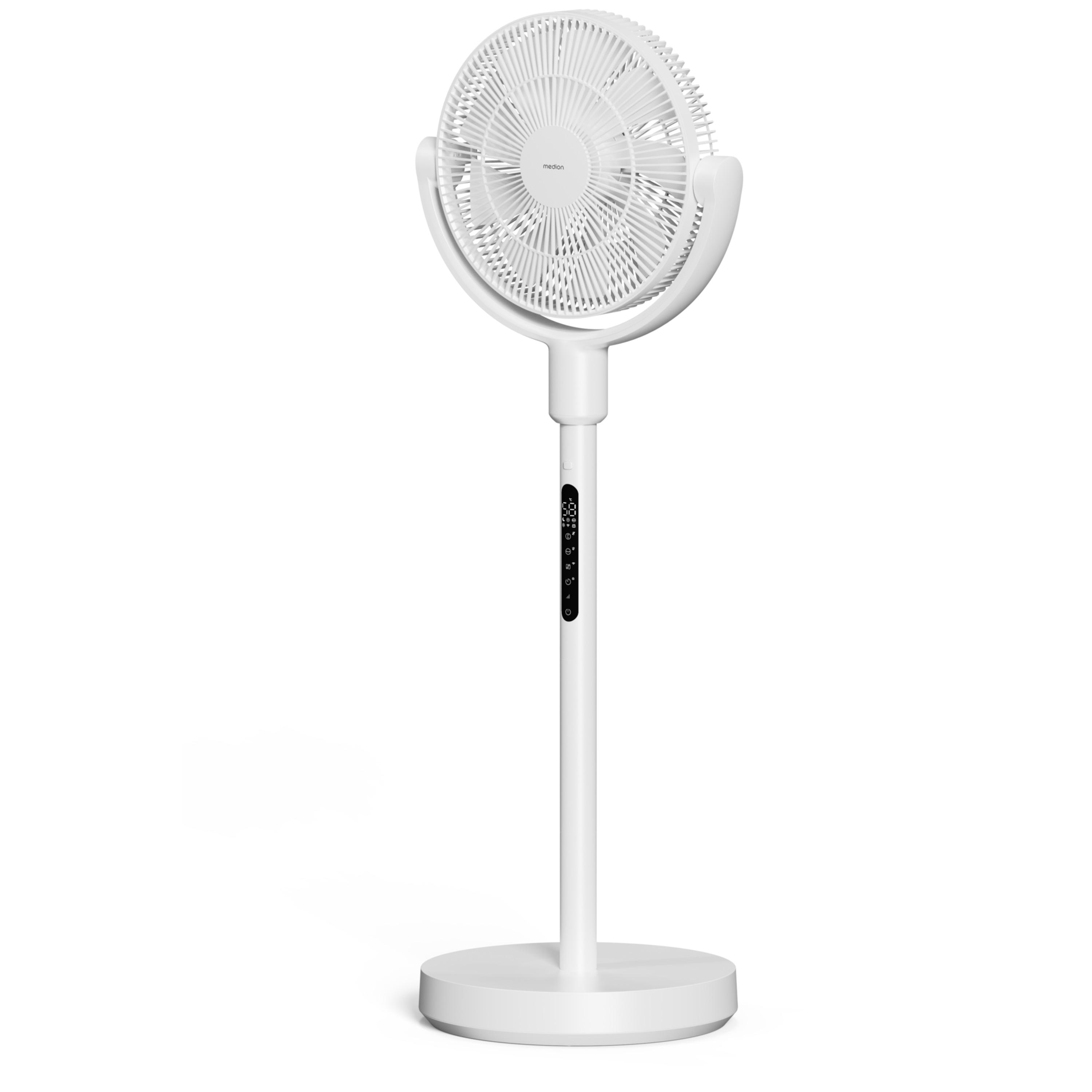 Ein weißer Medion Standventilator mit Digitalanzeige am Ständer.