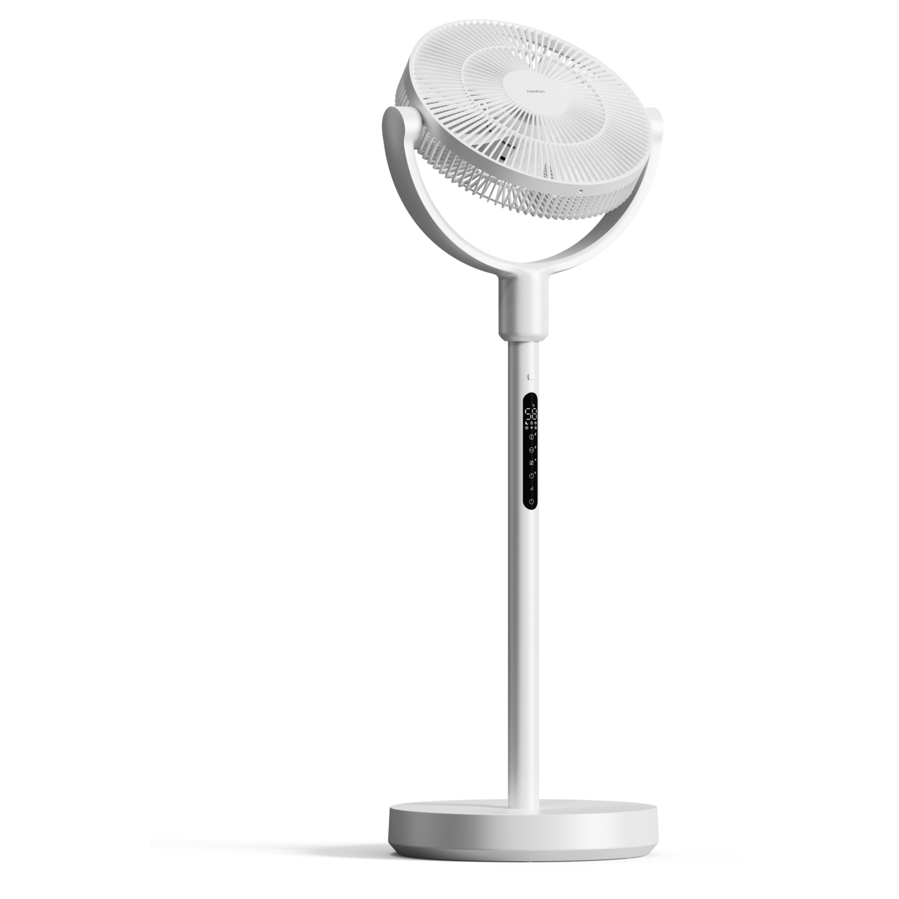 Ein weißer Standventilator mit digitaler Anzeige auf dem Ständer.