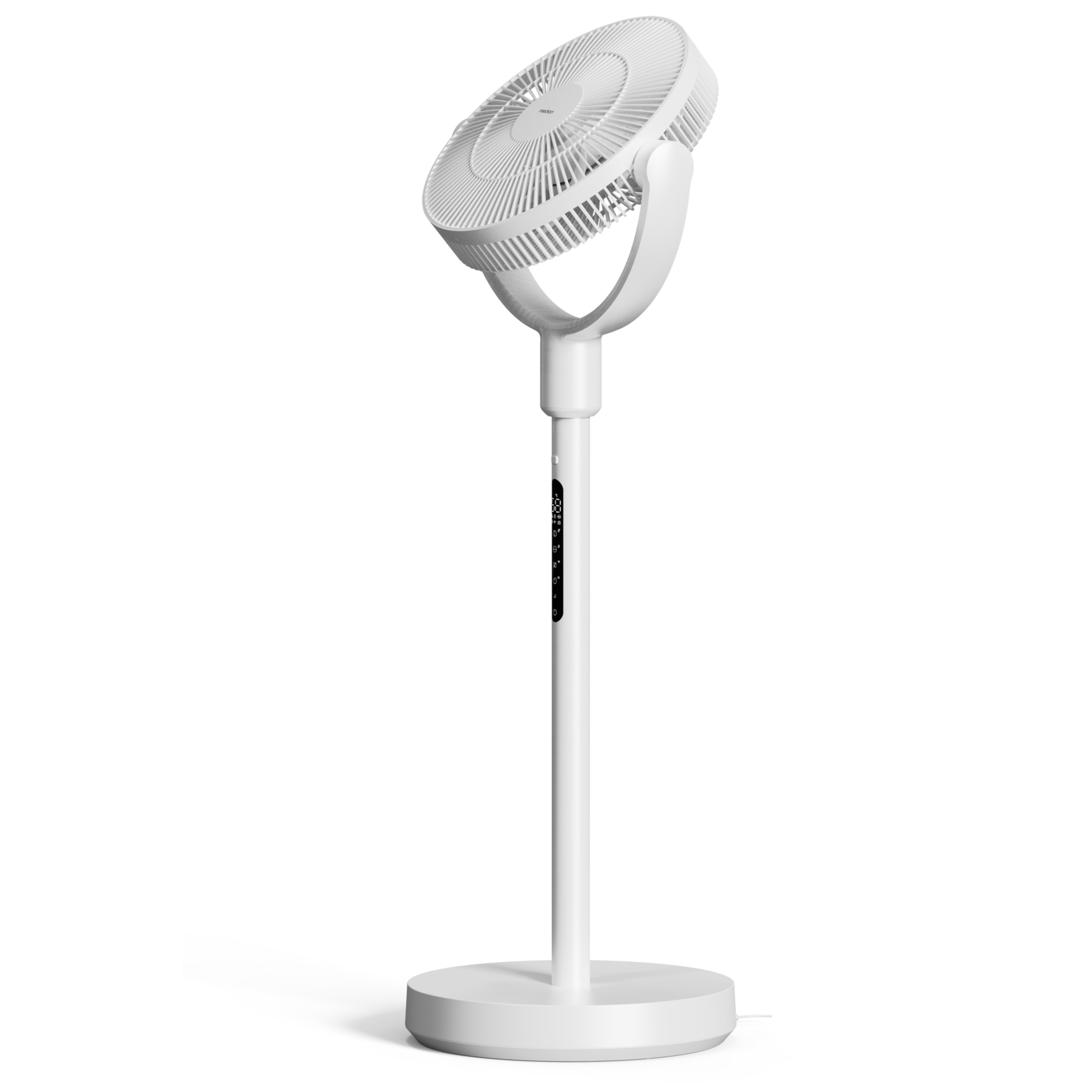 Ein weißer Standventilator mit rundem Sockel und verstellbarem Kopf.