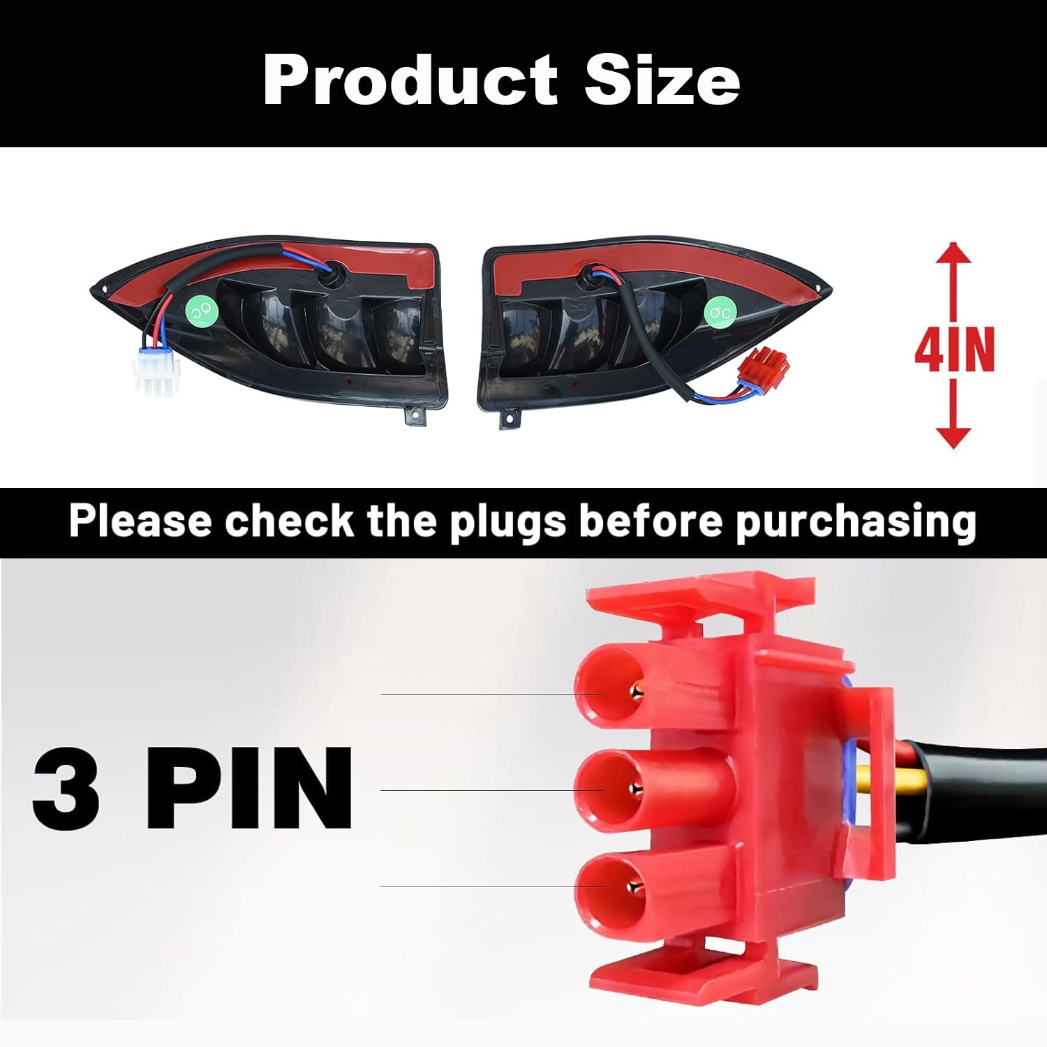 Größe des Produkts: Rückseite von zwei Rückleuchten und ein 3-poliger Stecker.