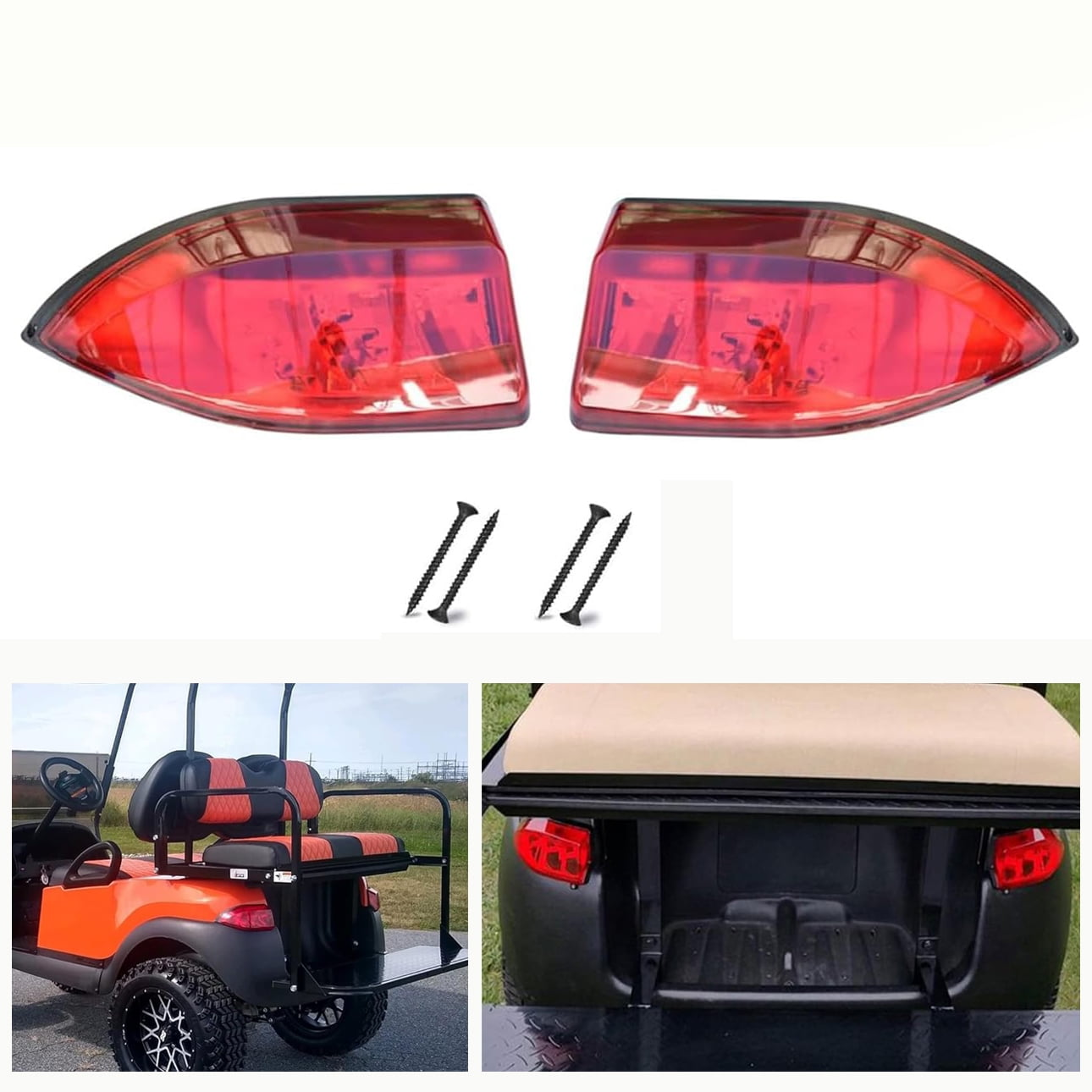 Rote Rückleuchten und Schrauben für Golfcarts, Teilansicht eines orangefarbenen Golfcarts.