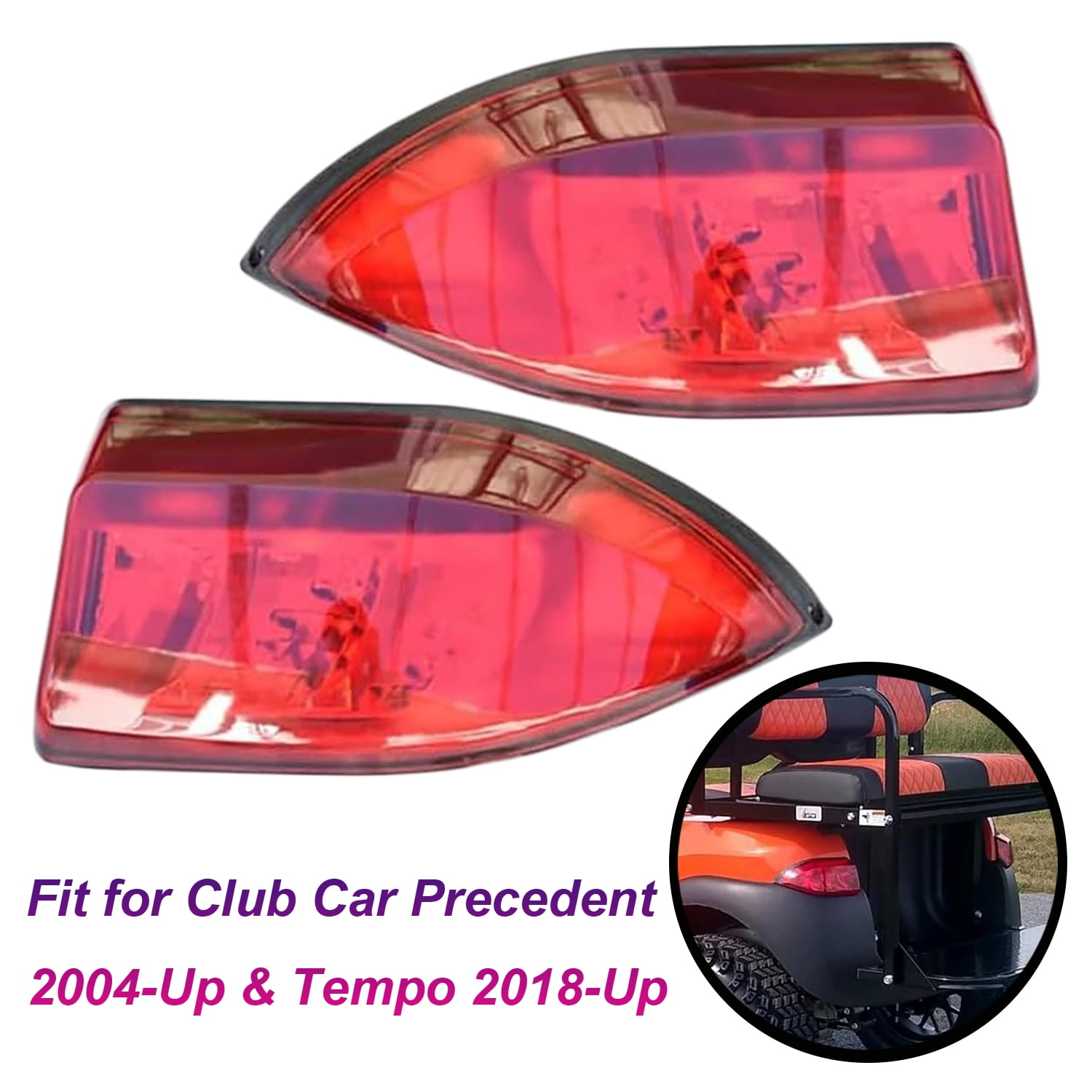 Zwei rote Golfwagen-Rücklichter gezeigt. Text gibt an, passend für Club Car Precedent.