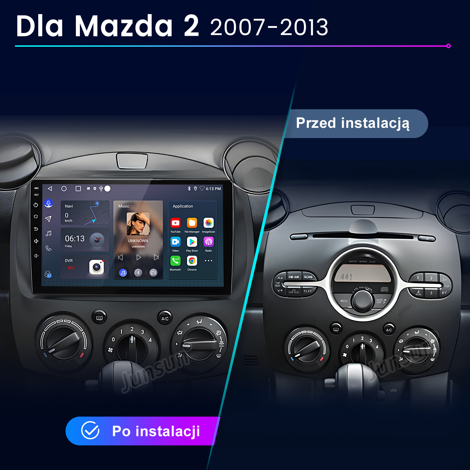 Deska rozdzielcza Mazda 2 pokazująca stare i nowe systemy radiowe.