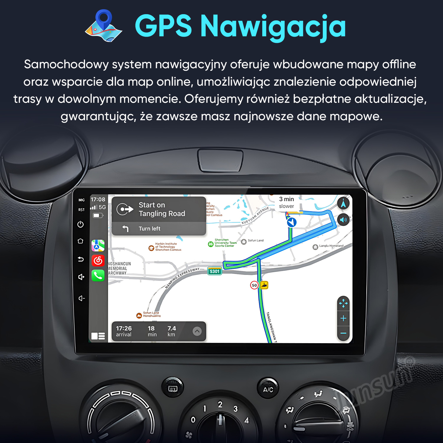 Samochodowy system nawigacji z mapami offline i online. Pokazuje trasę.