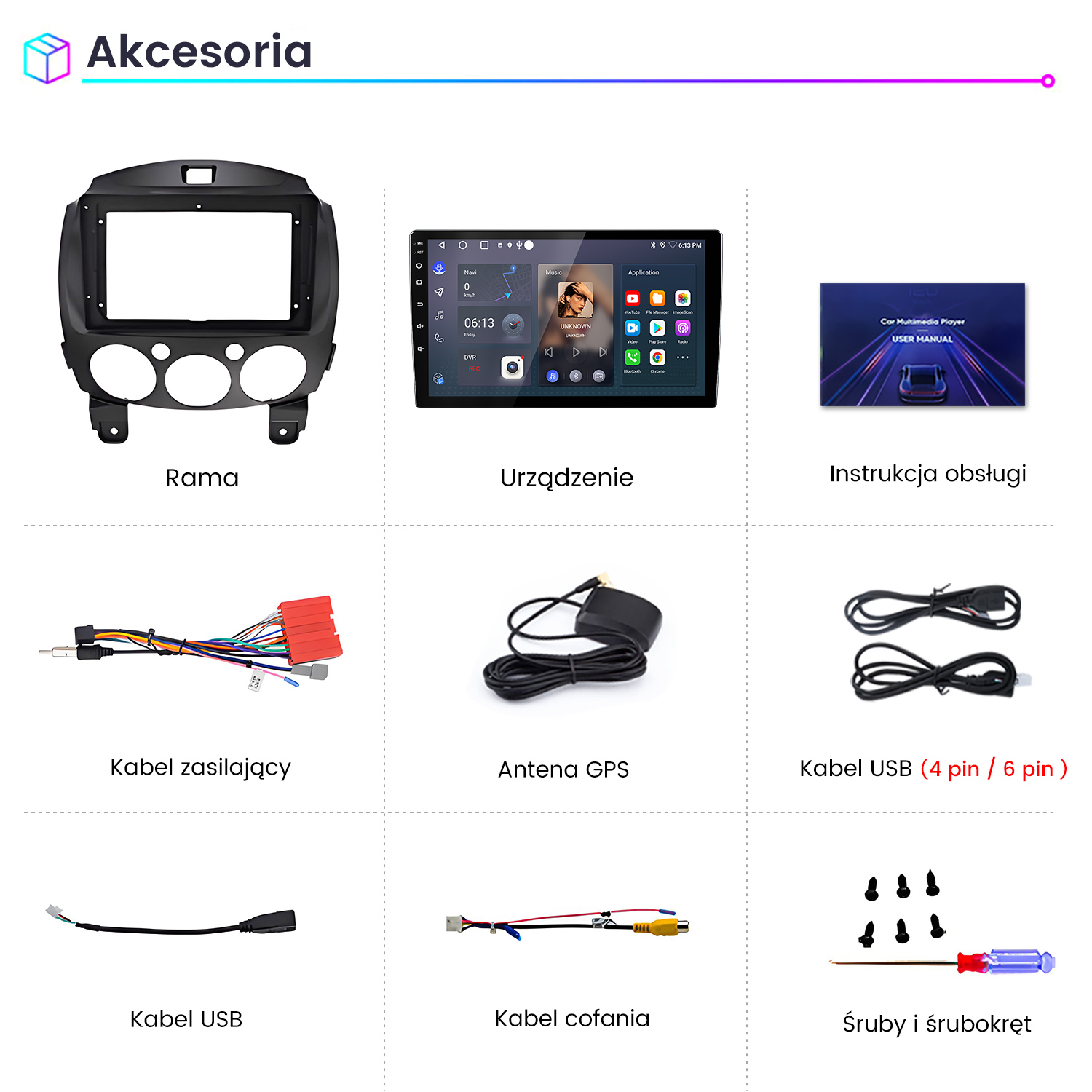 Akcesoria: Rama, urządzenie, instrukcja, kable, antena, śruby ze śrubokrętem.