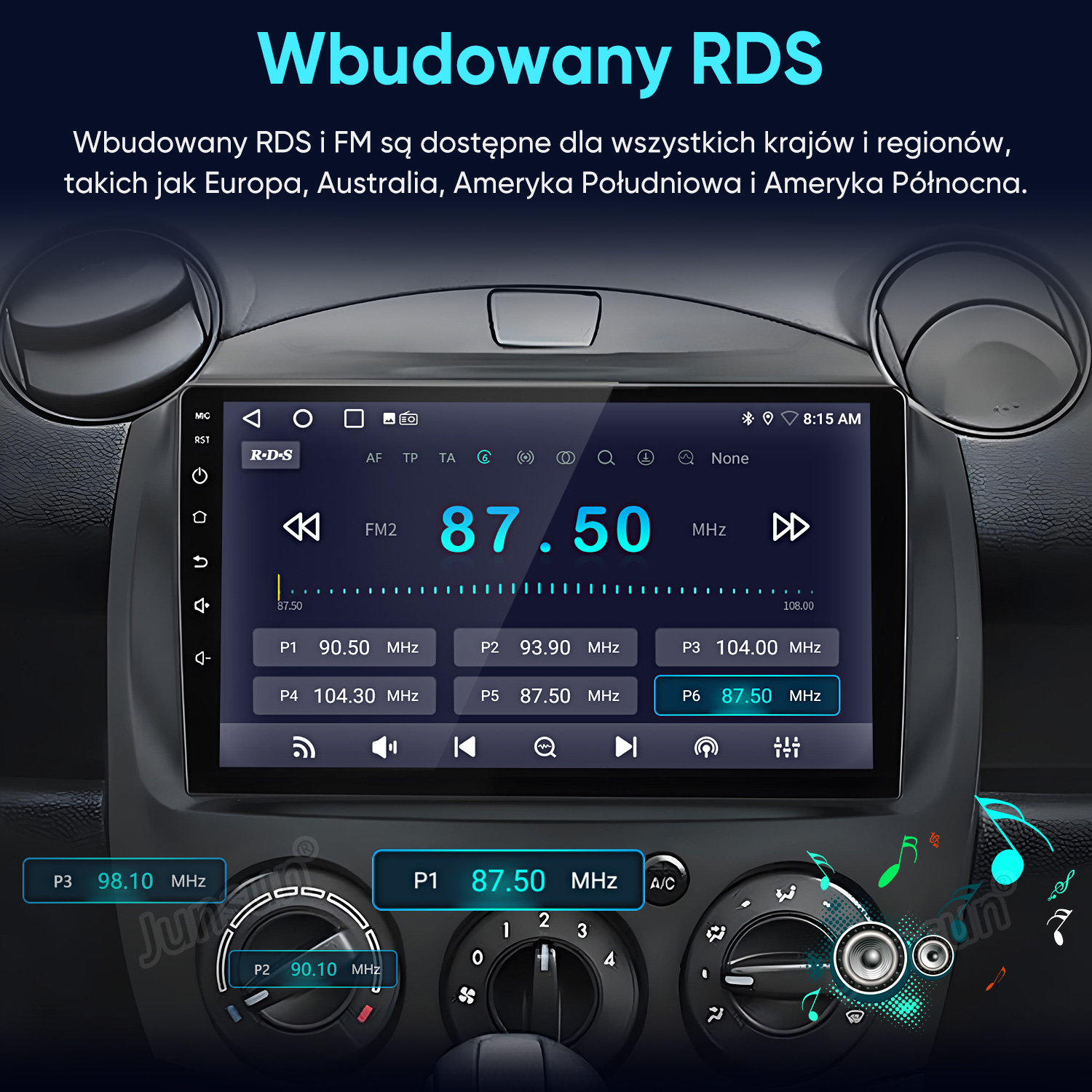 Radio samochodowe z RDS i FM wyświetla częstotliwość 87.50 MHz.