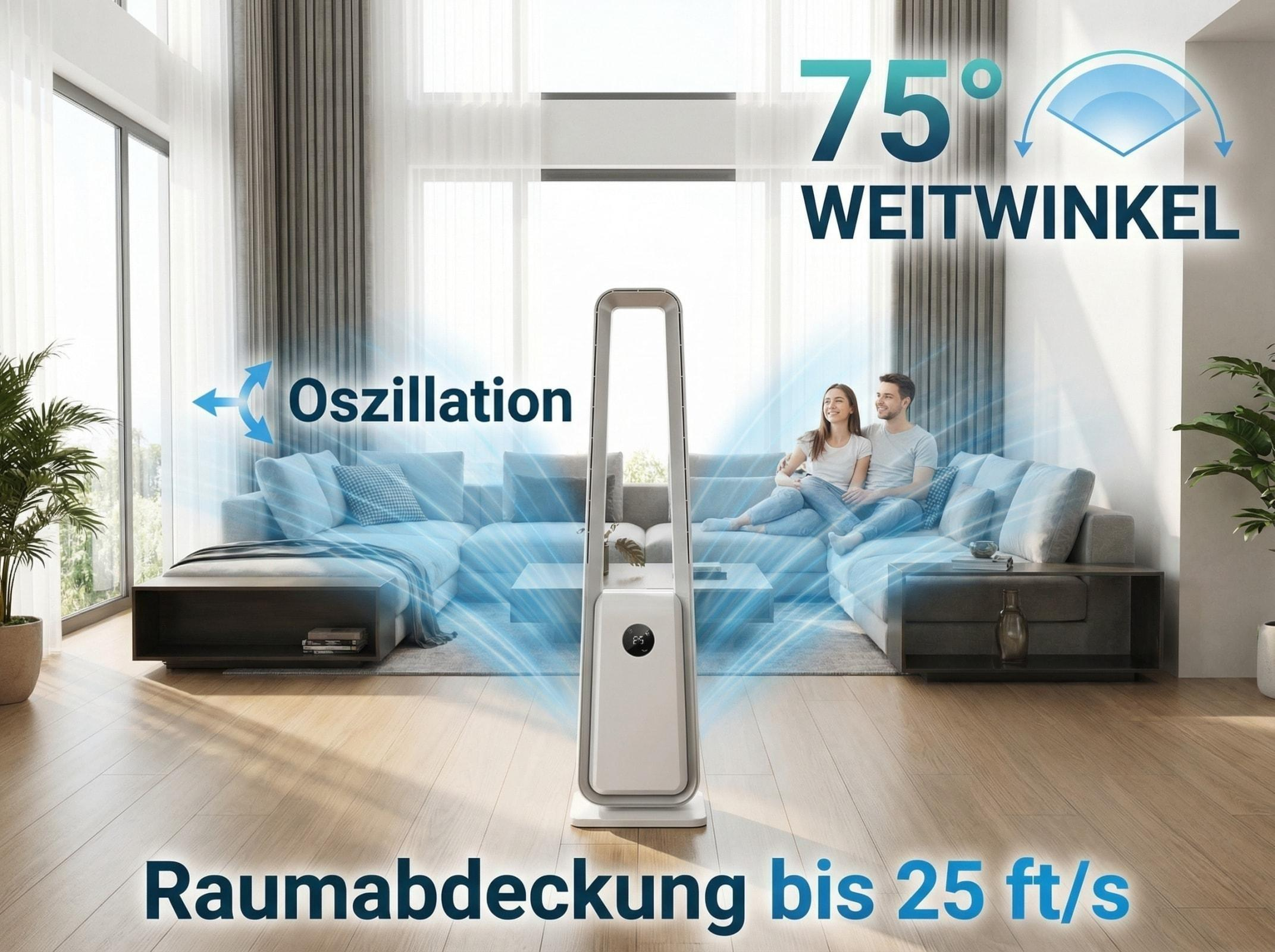 Ein Turmventilator oszilliert in einem Wohnzimmer mit einem Paar auf der Couch.
