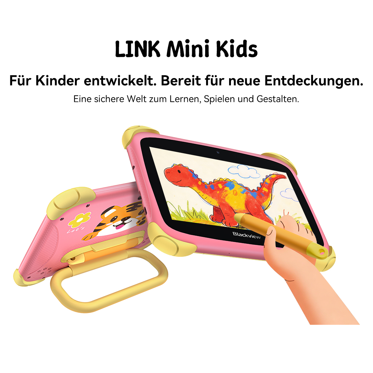 Zwei pinke Kinder-Tablets mit gelben Stoßfängern. Eines zeigt einen Dino, das andere einen Tiger.