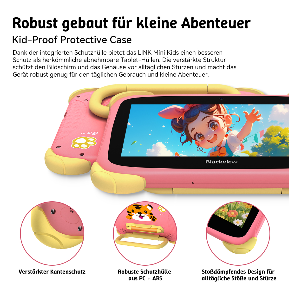 Kinder-Tablet in Pink und Gelb mit Cartoon-Motiv und stoßfester Hülle.