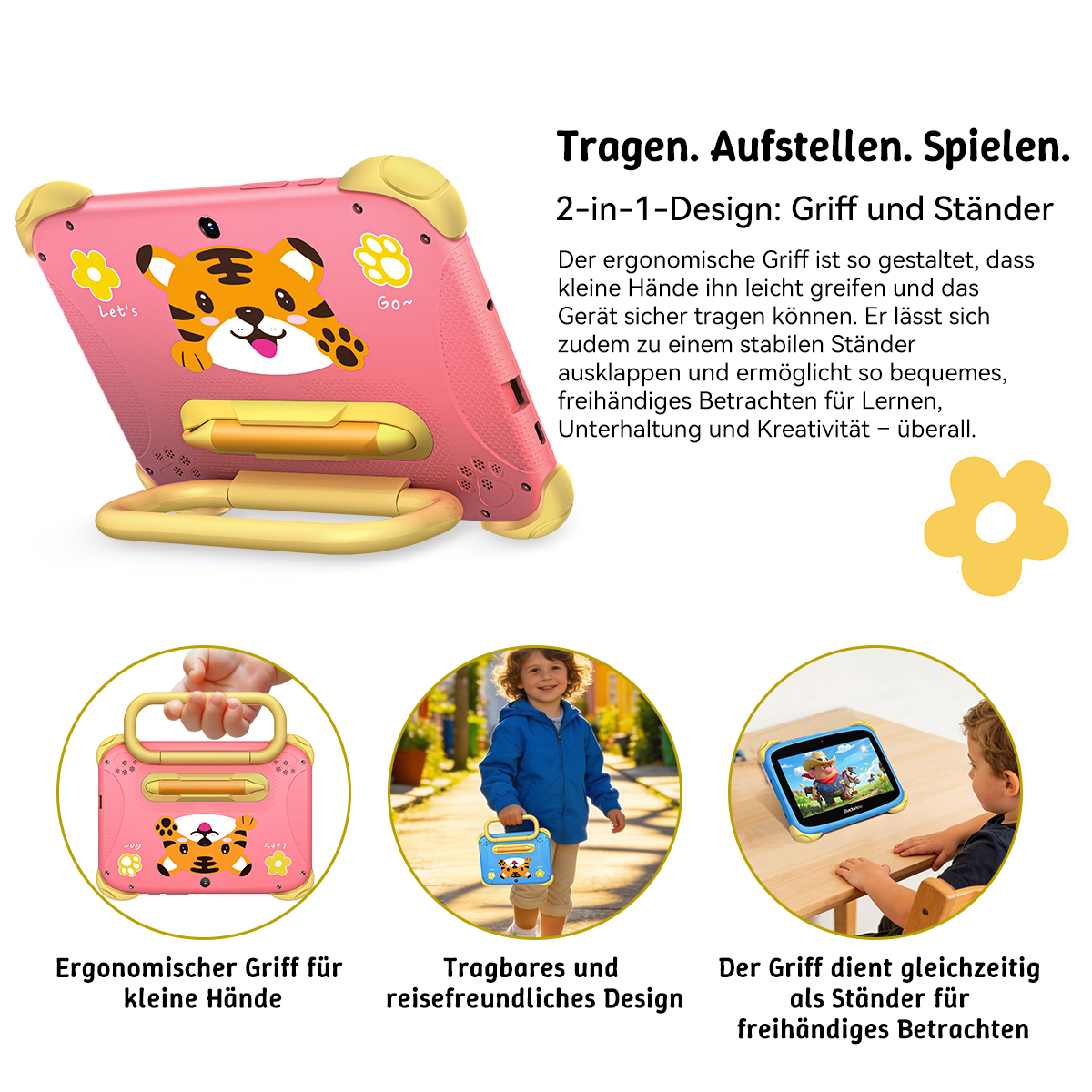 Ein rosa Tablet mit Tiger-Design, Ständer und Griff. Daneben drei Bilder: Kind hält Tablet, Kind läuft, Kinder schauen Tablet.