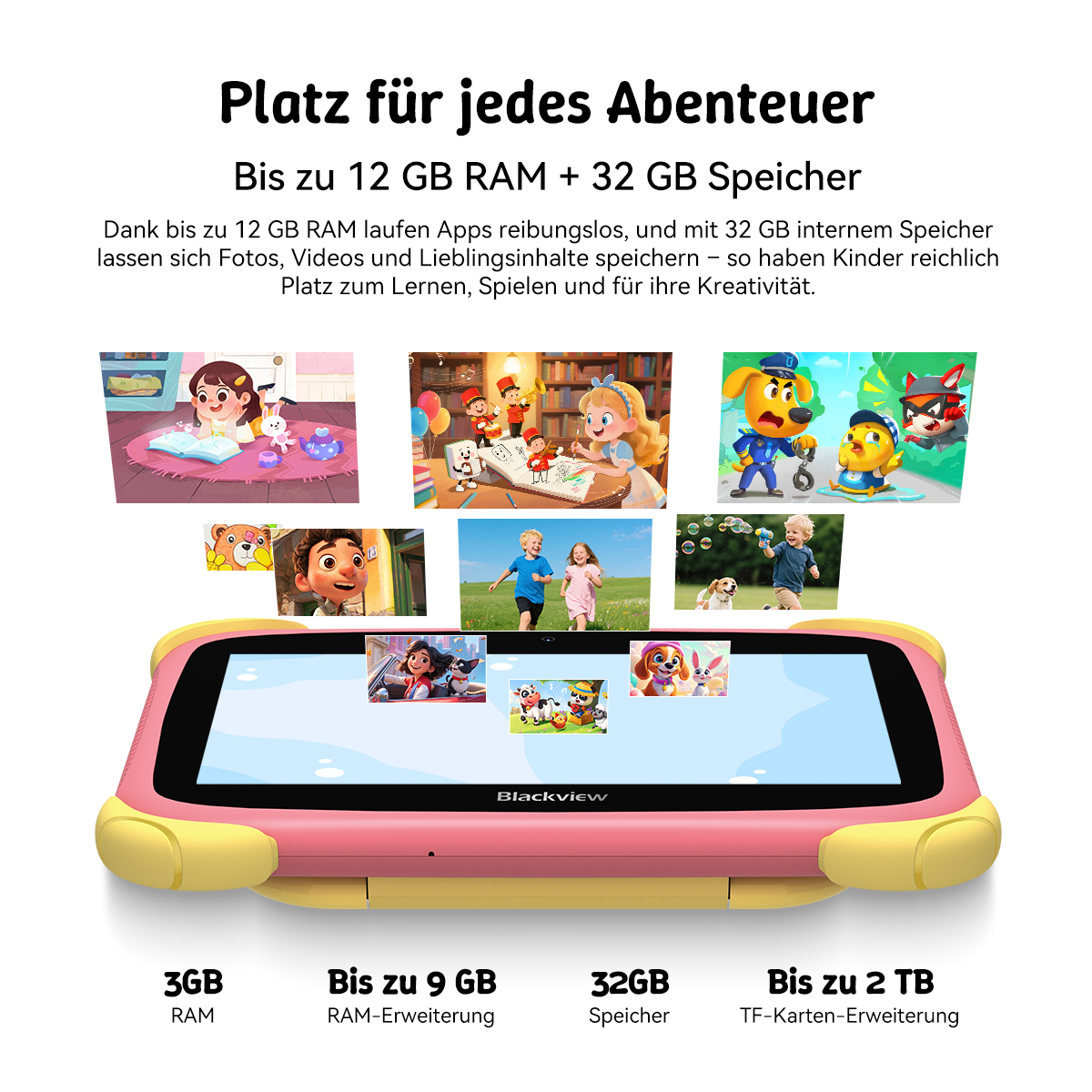 Ein pink-gelbes Tablet mit bunten Screenshots von Spielen und Zeichentrickfilmen.